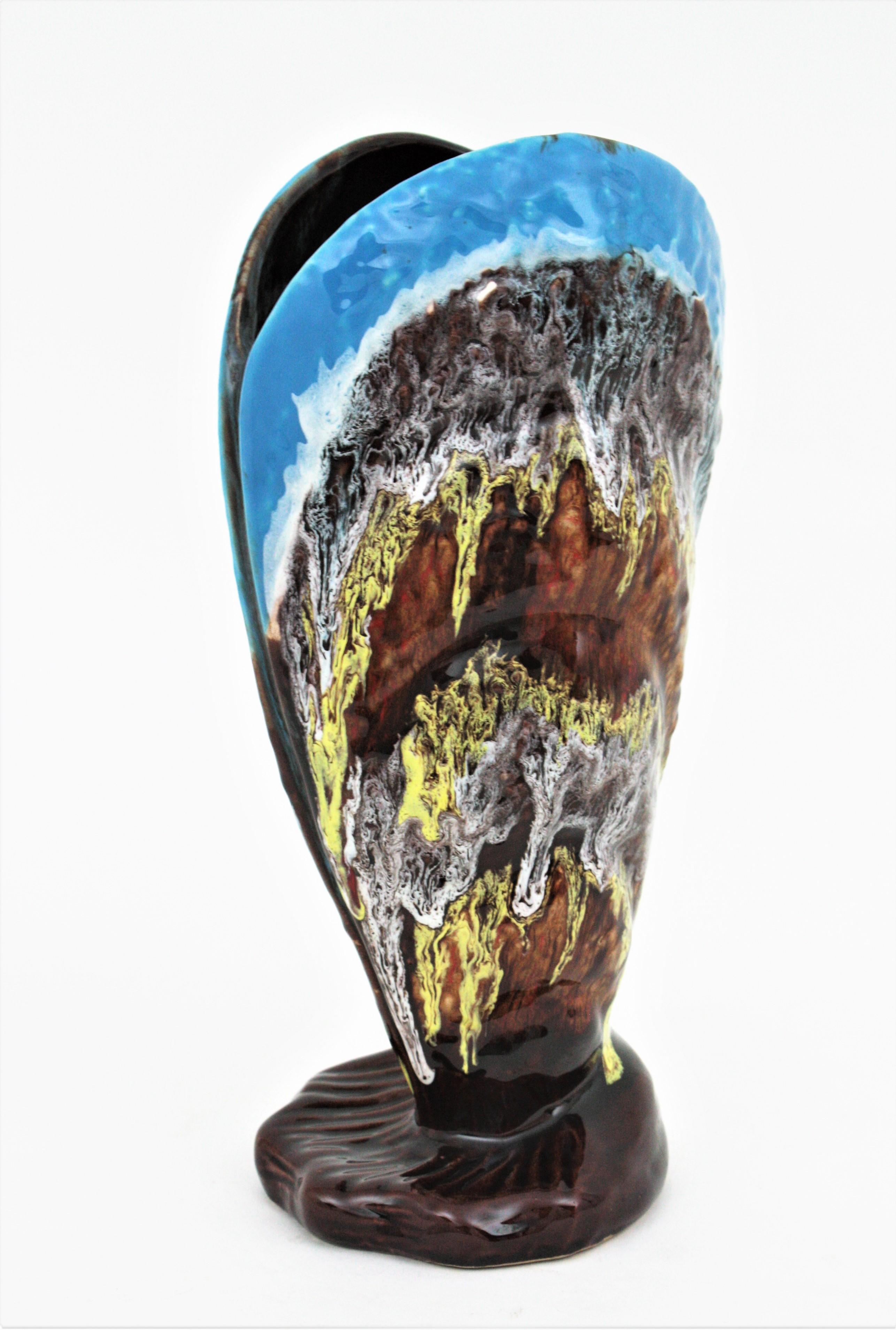 French Vallauris Majolica Shell Shaped Vase in Multi Color Glazed Ceramic For Sale 4