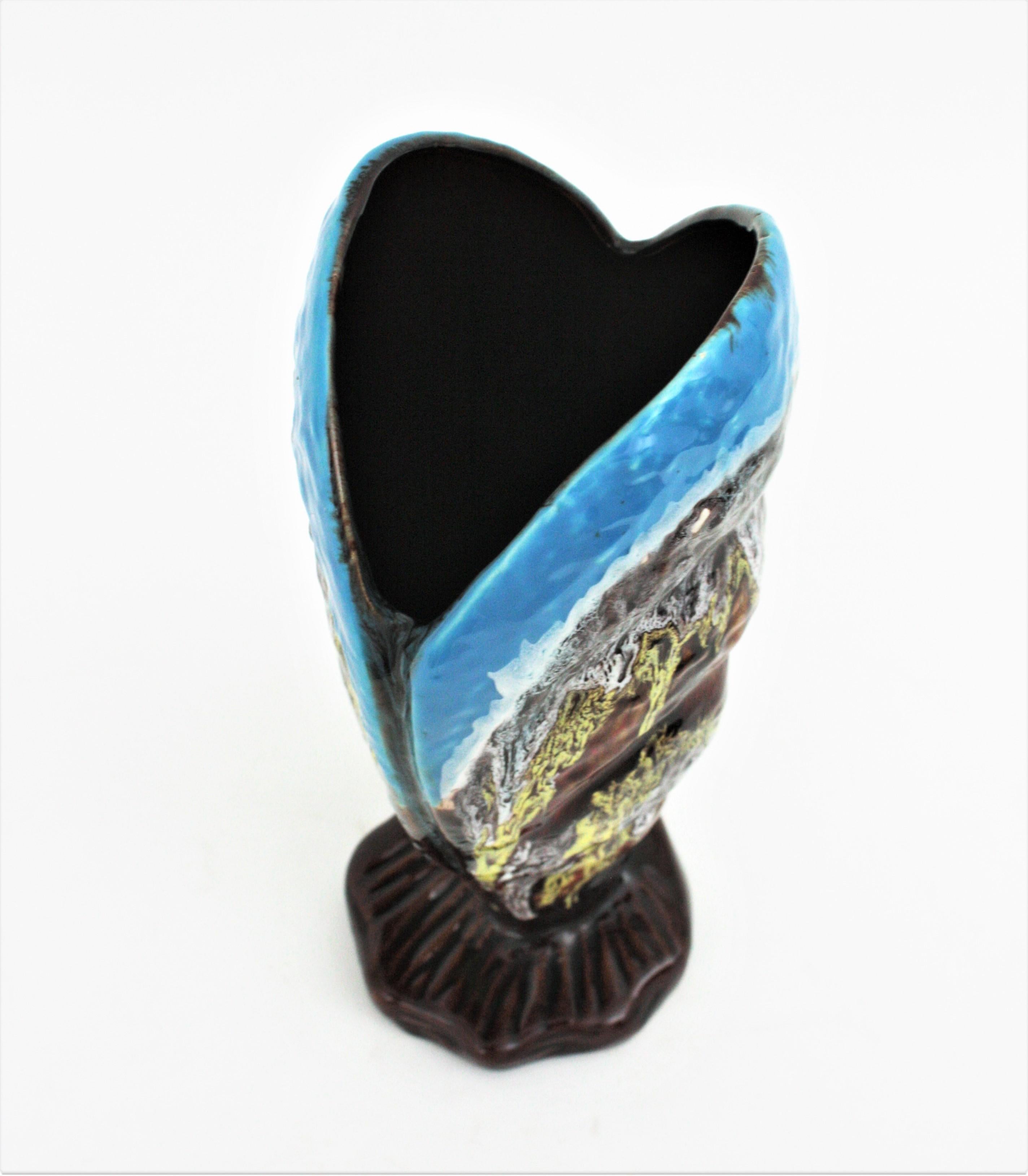 French Vallauris Majolica Shell Shaped Vase in Multi Color Glazed Ceramic For Sale 6