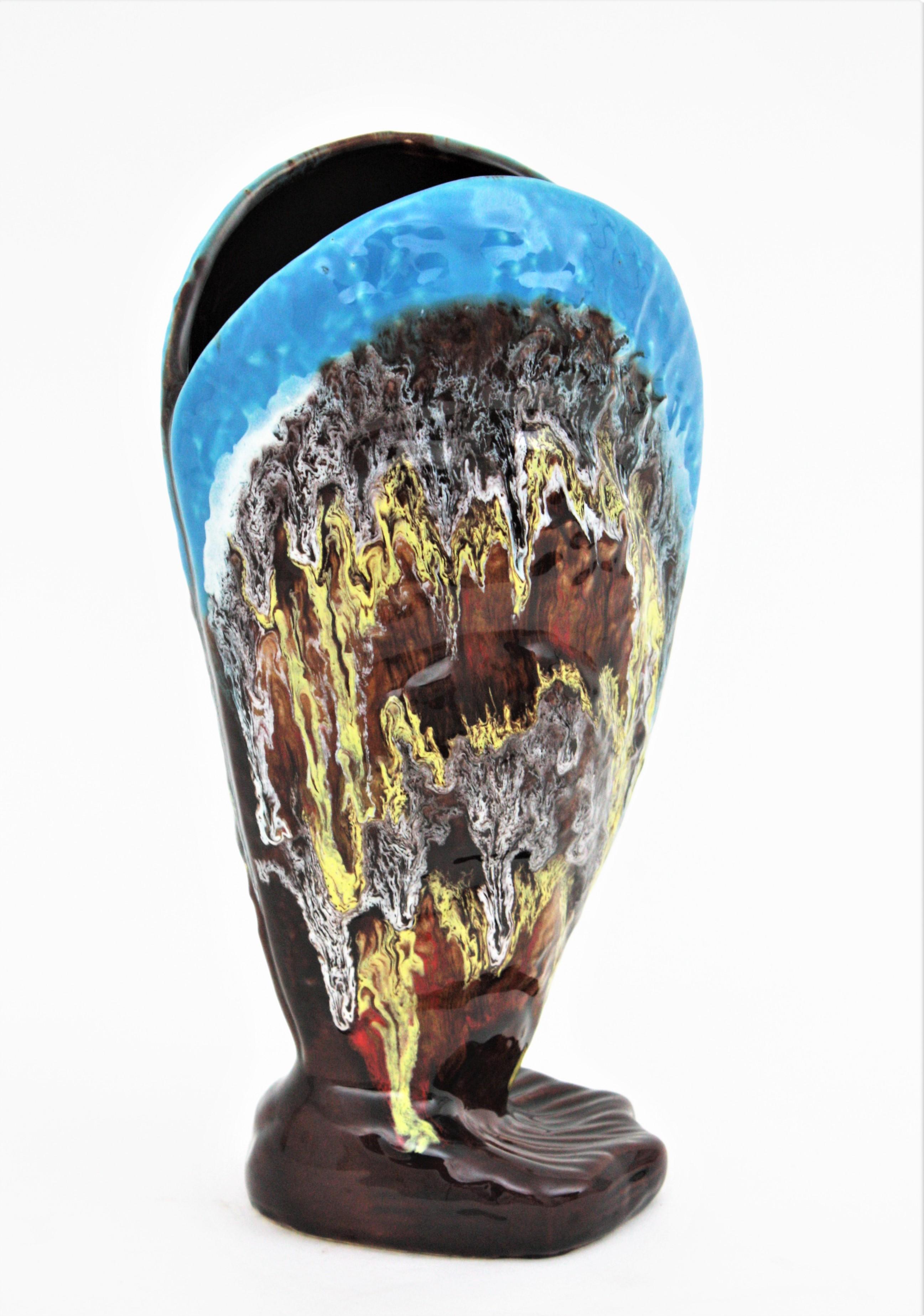 Hand-Crafted French Vallauris Majolica Shell Shaped Vase in Multi Color Glazed Ceramic For Sale