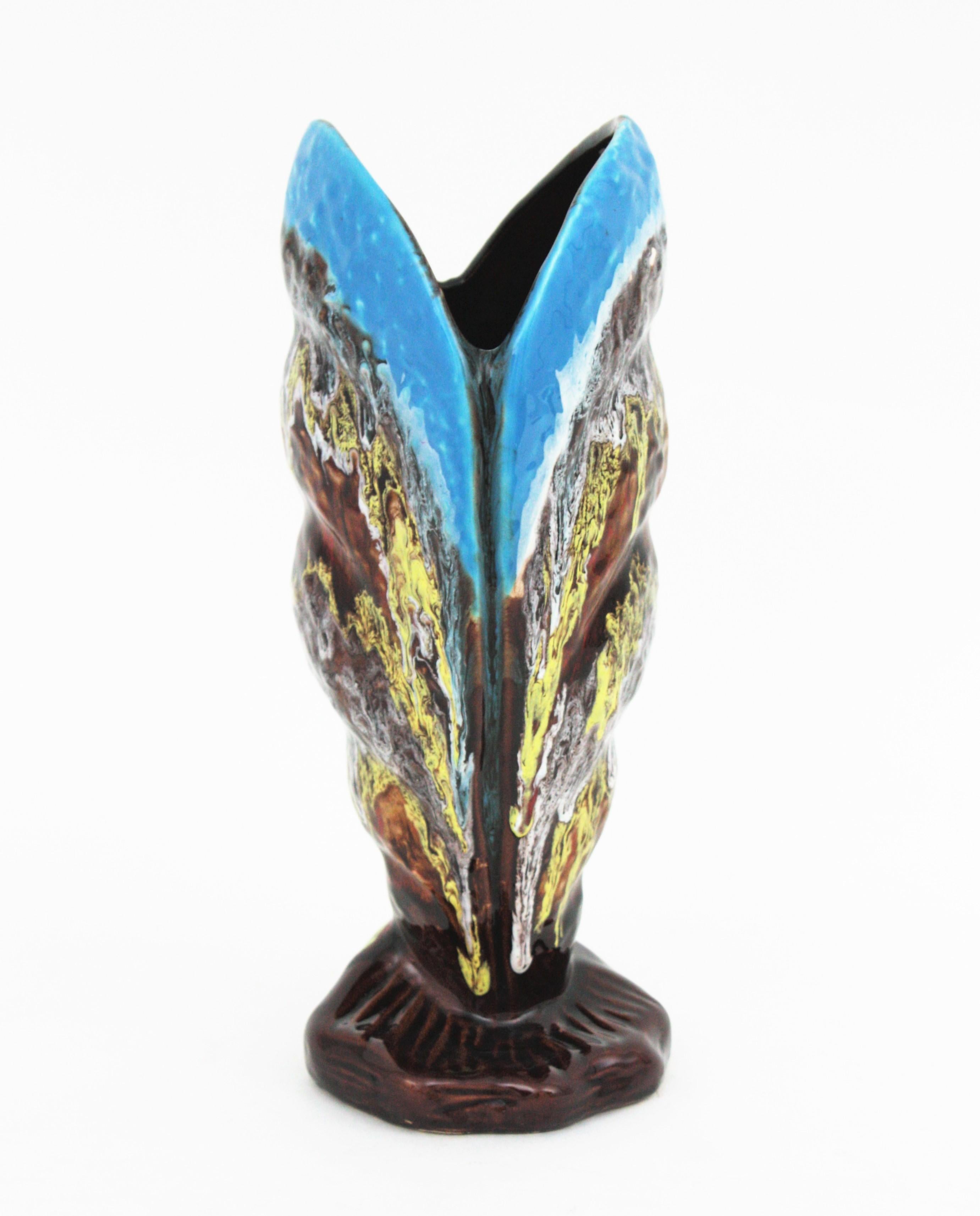 20th Century French Vallauris Majolica Shell Shaped Vase in Multi Color Glazed Ceramic For Sale