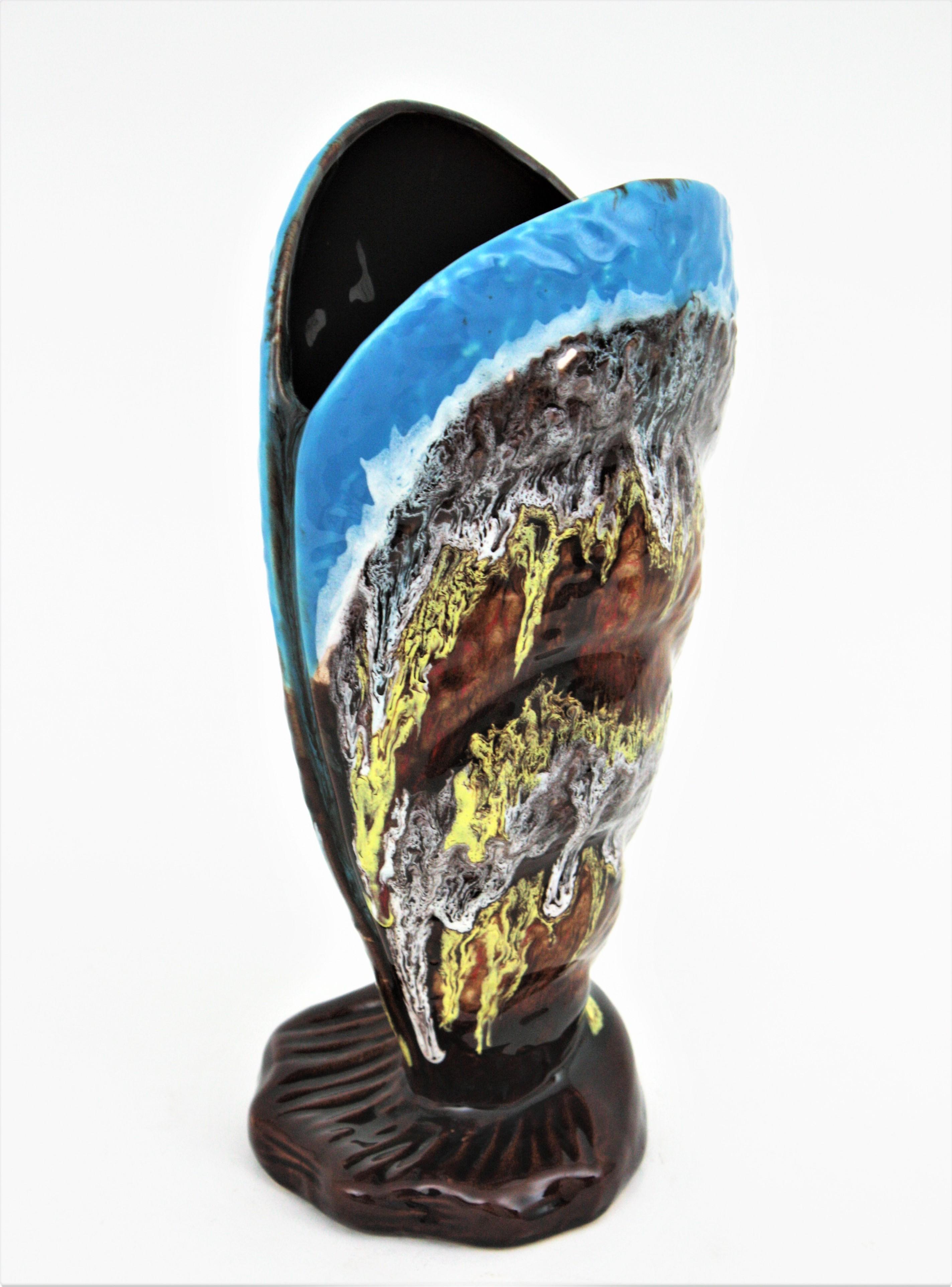 French Vallauris Majolica Shell Shaped Vase in Multi Color Glazed Ceramic For Sale 1