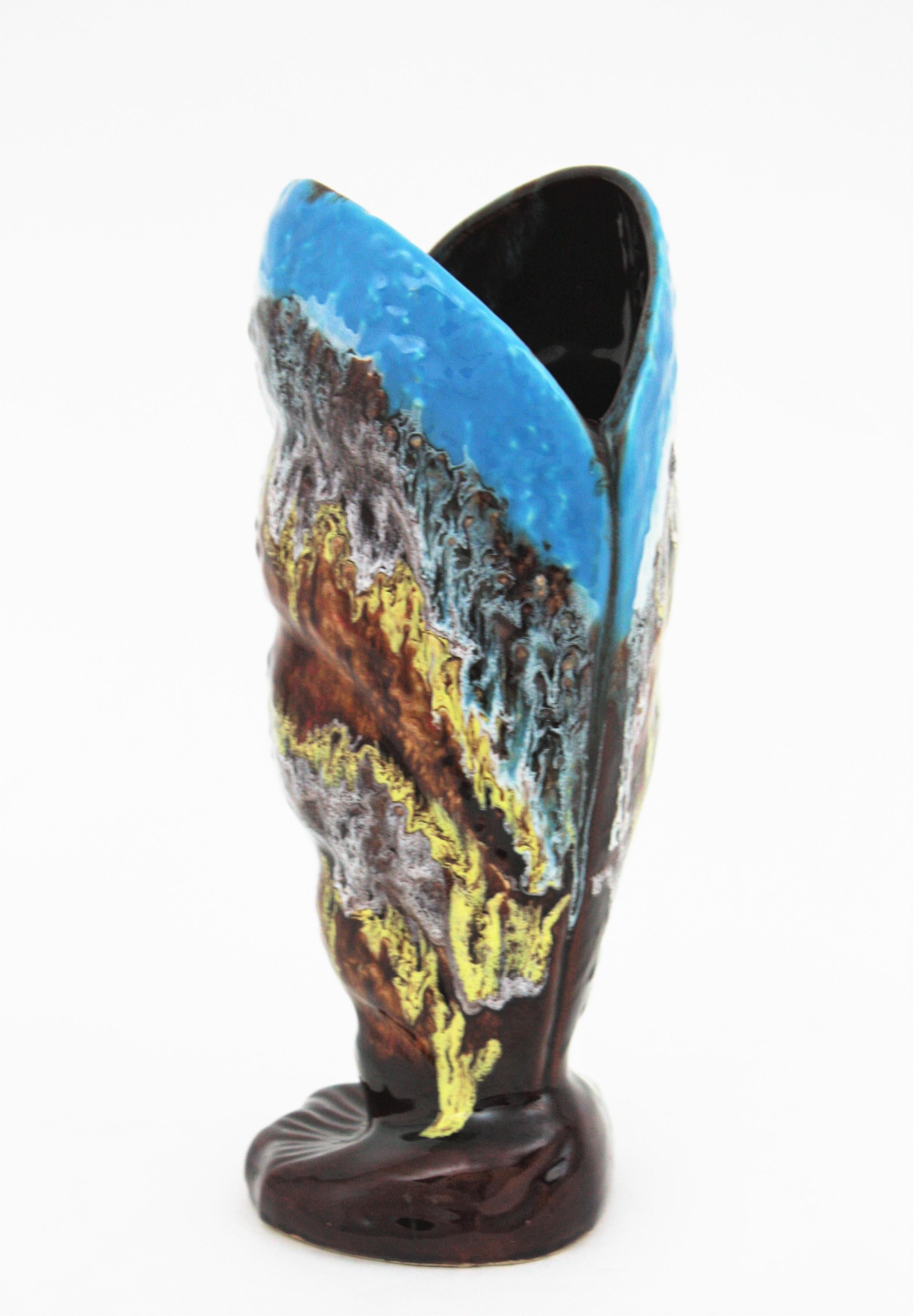French Vallauris Majolica Shell Shaped Vase in Multi Color Glazed Ceramic For Sale 3