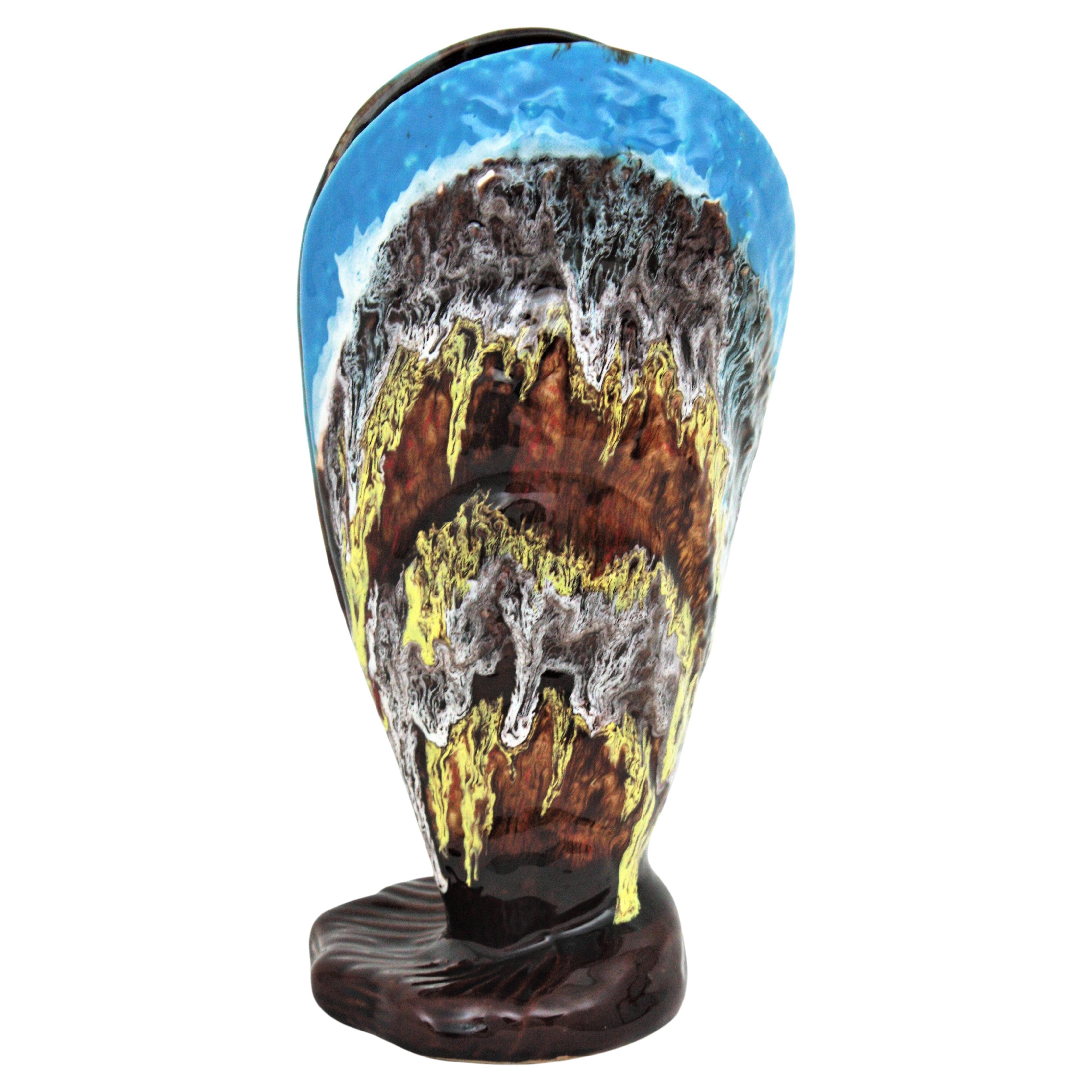 French Vallauris Majolica Shell Shaped Vase in Multi Color Glazed Ceramic For Sale