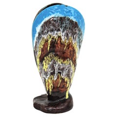 French Vallauris Majolica Shell Shaped Vase in Multi Color Glazed Ceramic