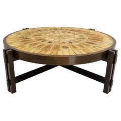 Table basse ronde française Vallauris avec céramique signée Roger Capron, 1960