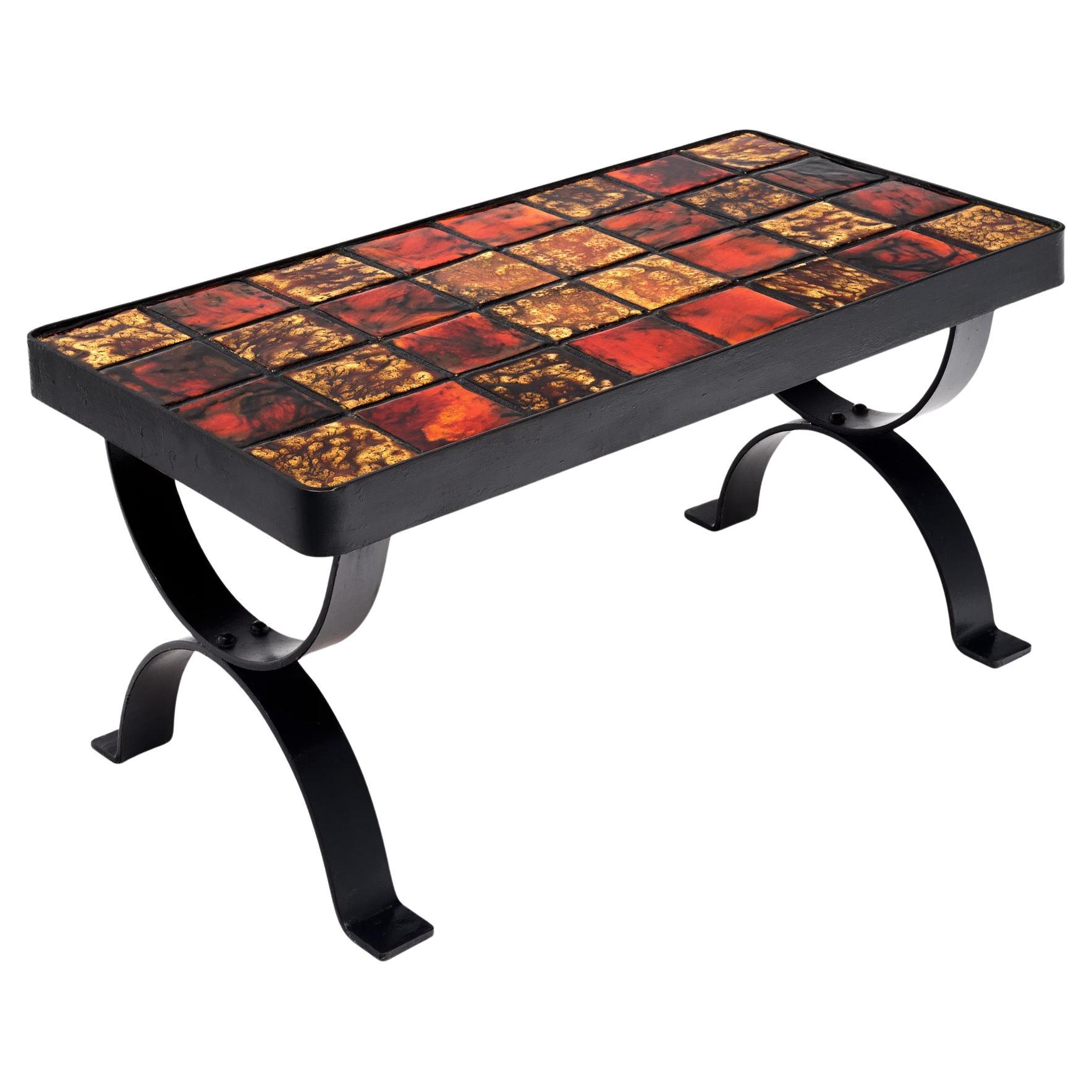 Vallauris Hand-Painted Ceramic Coffee Table with Metal Frame, 1970