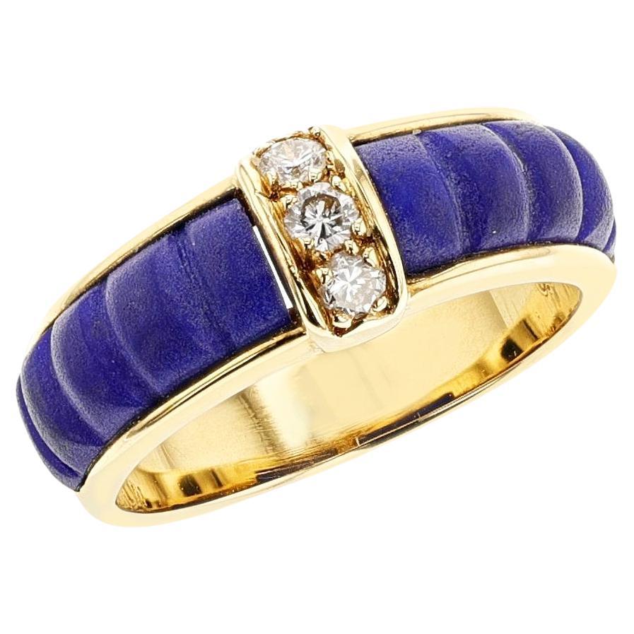 French Van Cleef & Arpels Carved Lapis and Diamond Ring, 18k For Sale