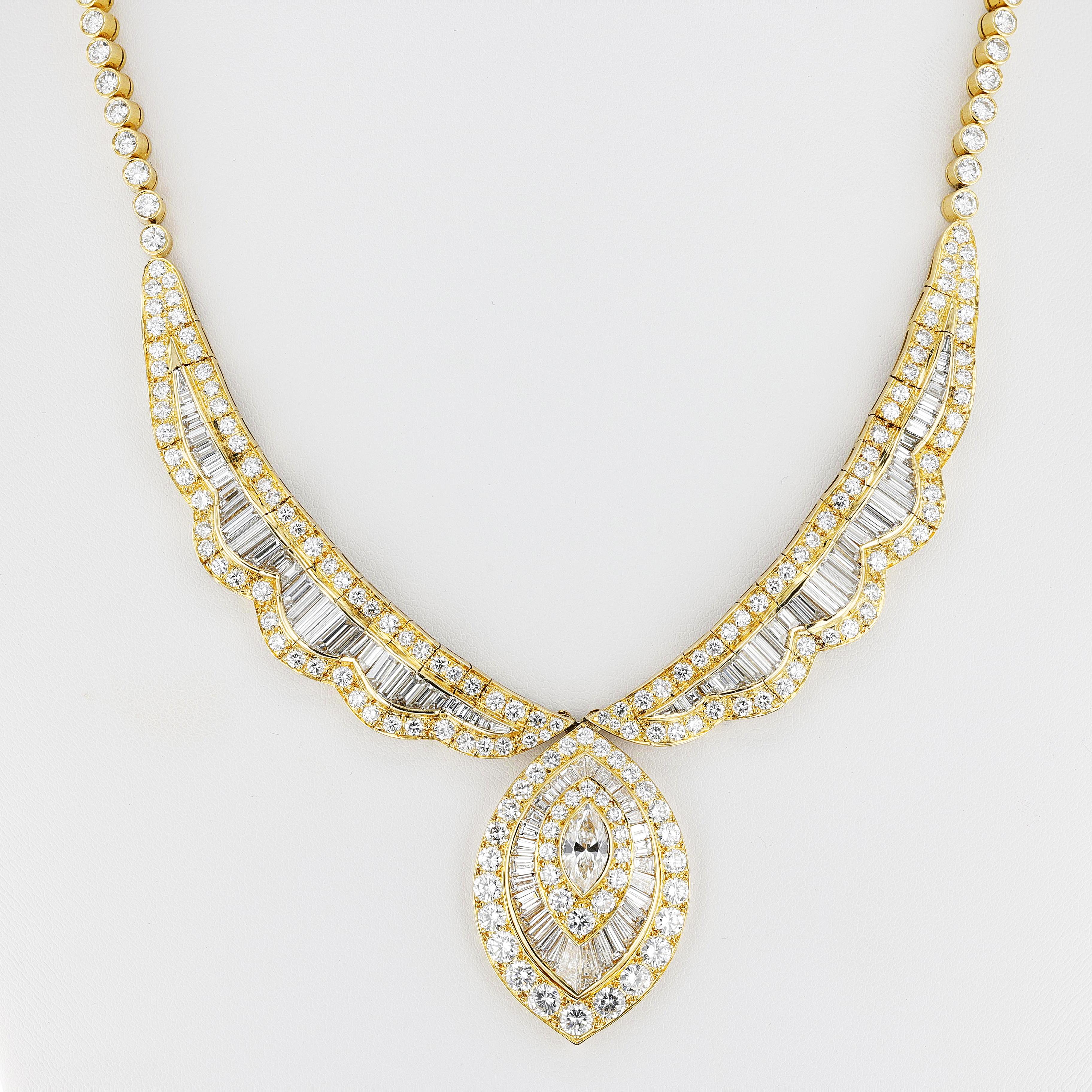 French Van Cleef & Arpels Marquise Center Diamond Necklace. The diamonds weigh a total of appx. 25 carats. The center marquise diamond weighs appx. 1.50 carats. The length is 17.5 inches. Signed & numbered NY54933. Total weight: 53.20 grams