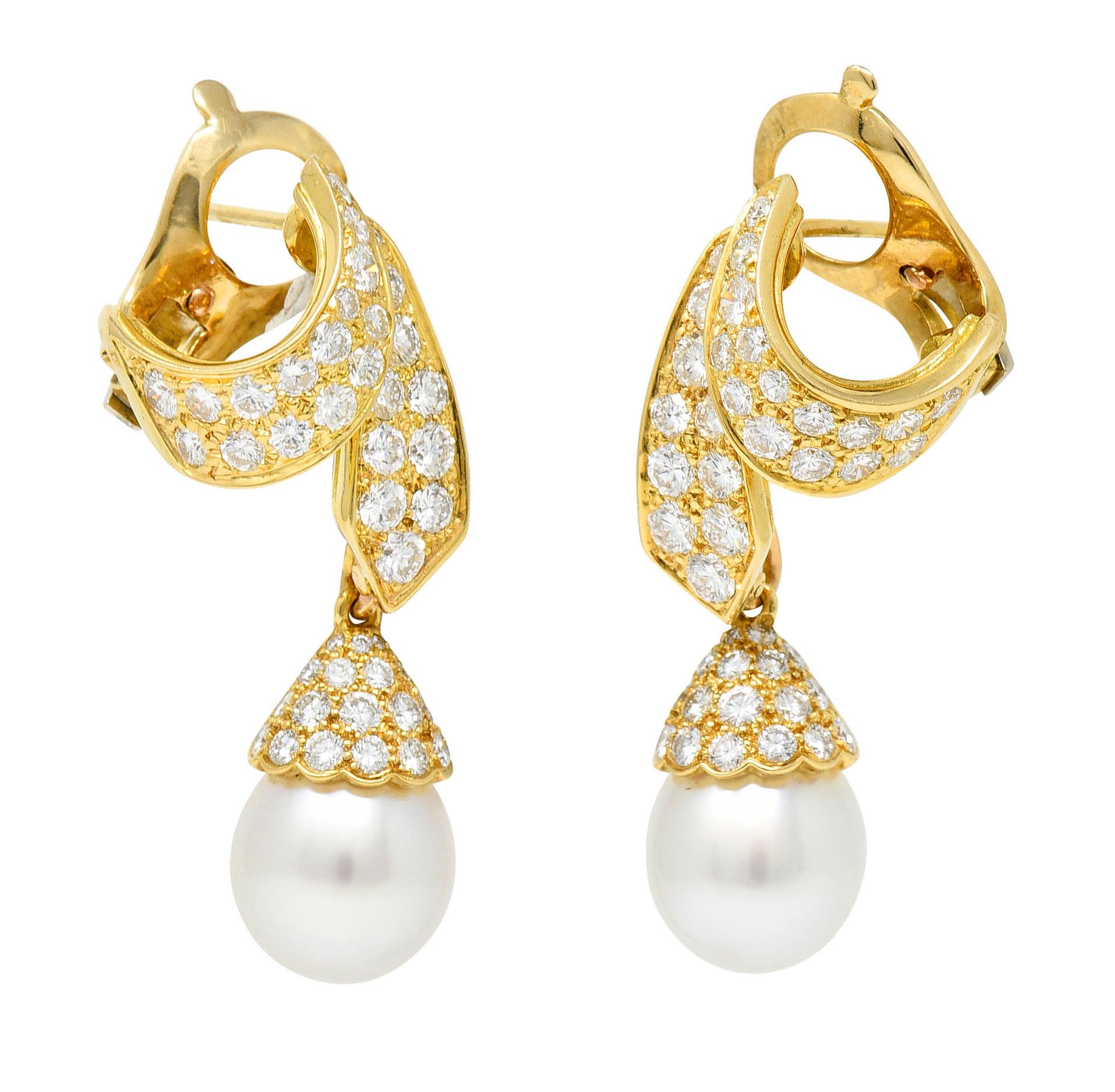 French Van Cleef & Arpels Pearl Pave Diamond 18 Karat Gold Convertible Earrings 5