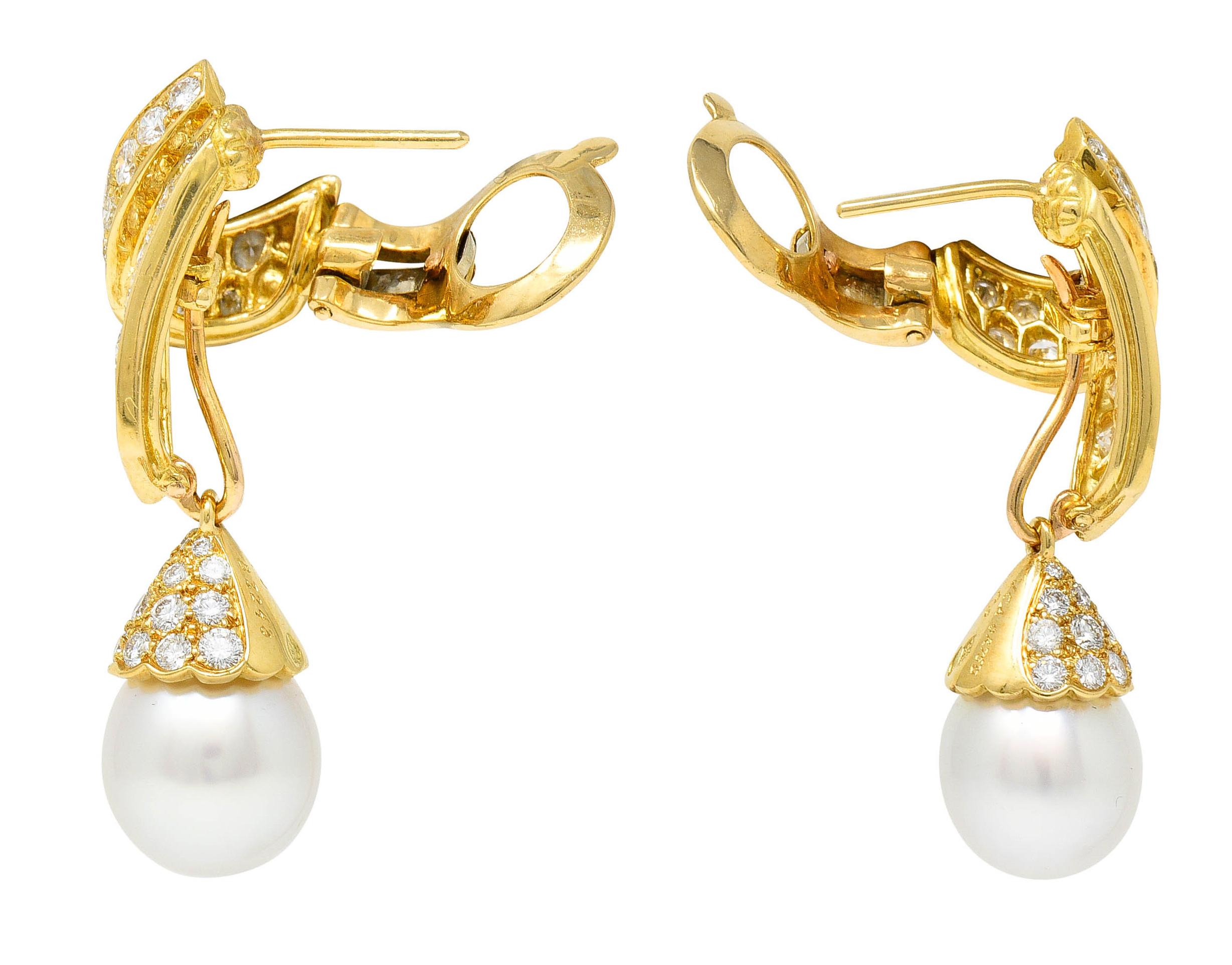 Brilliant Cut French Van Cleef & Arpels Pearl Pave Diamond 18 Karat Gold Convertible Earrings