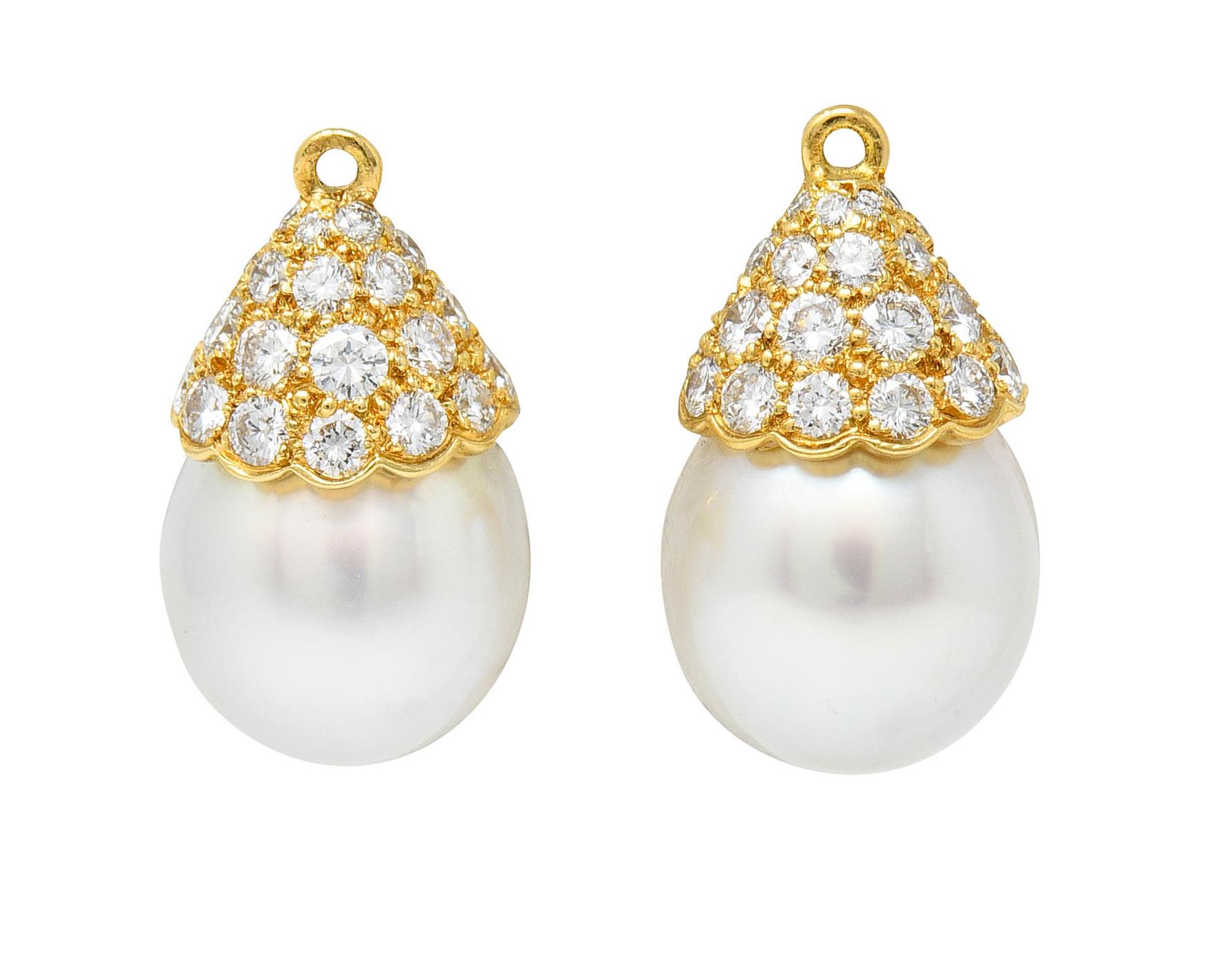 French Van Cleef & Arpels Pearl Pave Diamond 18 Karat Gold Convertible Earrings 1