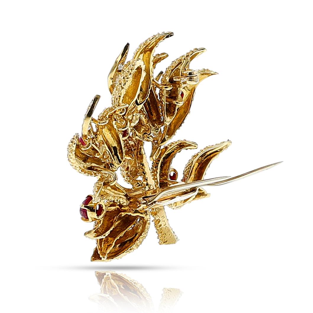 French Van Cleef & Arpels Péry et Fils Gold, Diamond & Ruby Cabochon Brooch 18k 1