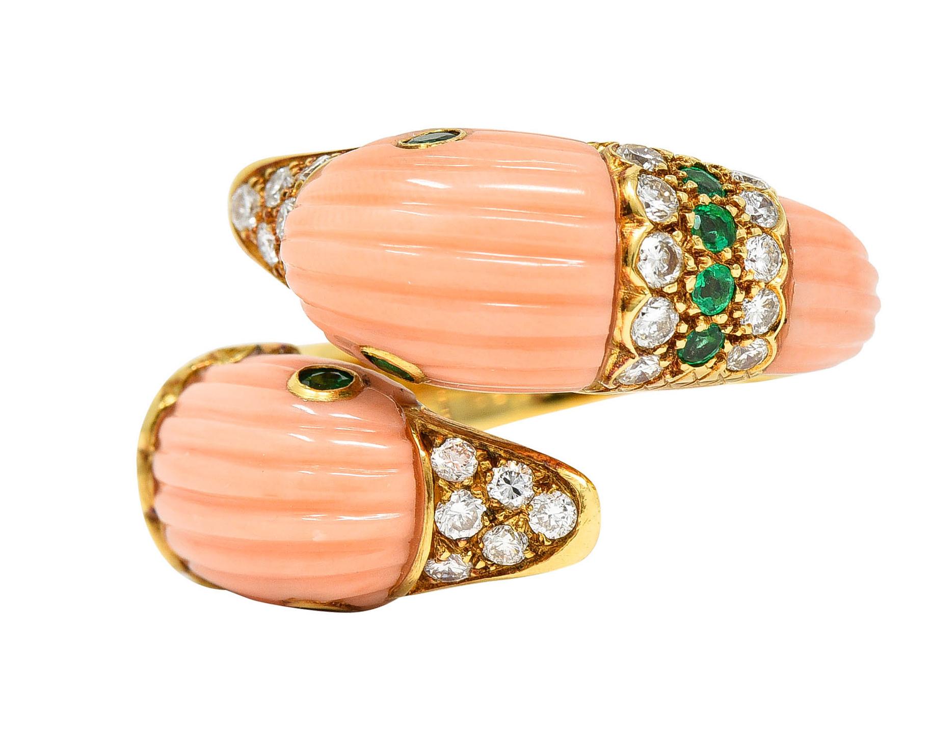French Van Cleef & Arpels Pink Coral Emerald Diamond 18 Karat Gold Duck Ring 1