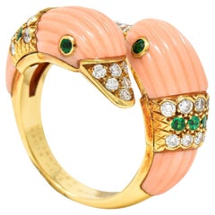 French Van Cleef & Arpels Pink Coral Emerald Diamond 18 Karat Gold Duck Ring