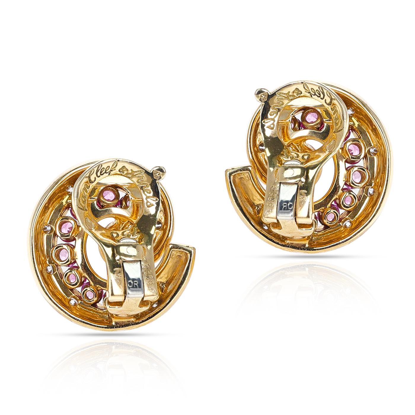 Round Cut French Van Cleef & Arpels Retro Pink Sapphire and Diamond Swirl Earrings, 18K For Sale