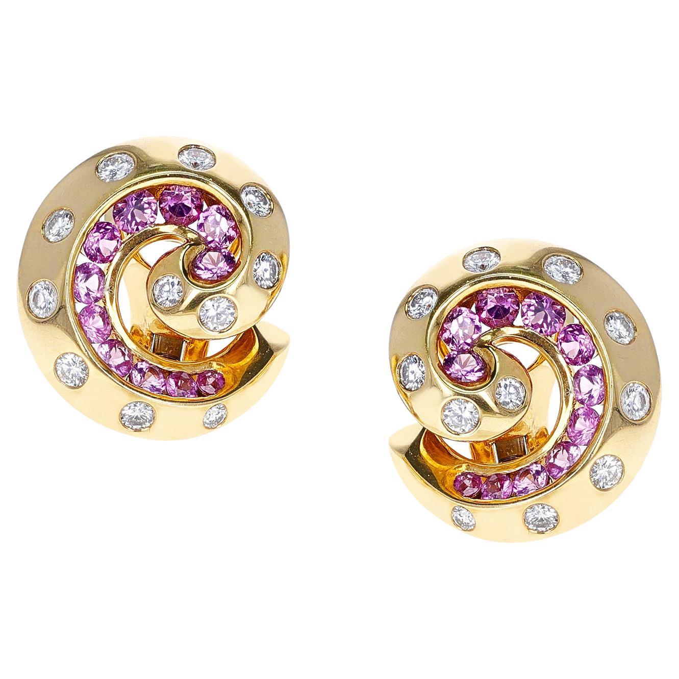 French Van Cleef & Arpels Retro Pink Sapphire and Diamond Swirl Earrings, 18K For Sale