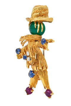 French Van Cleef & Arpels Ruby Sapphire Diamond 18 Karat Gold Scarecrow Brooch