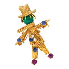 French Van Cleef & Arpels Ruby Sapphire Diamond 18 Karat Gold Scarecrow Brooch