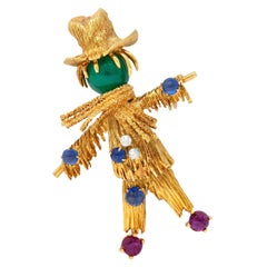 Vintage French Van Cleef & Arpels Ruby Sapphire Diamond 18 Karat Gold Scarecrow Brooch