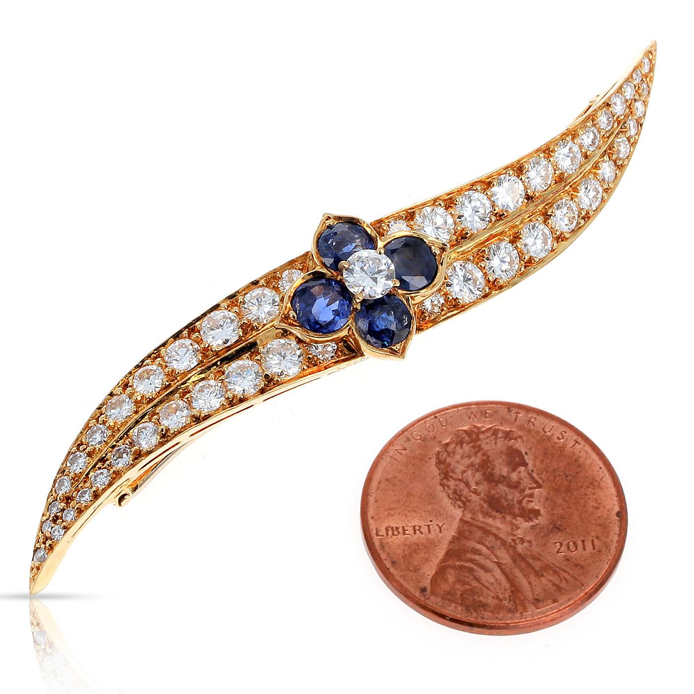 Alfiler/broche francés Van Cleef & Arpels Zafiro Floral y Diamantes, Amarillo 18K Corte redondo en venta