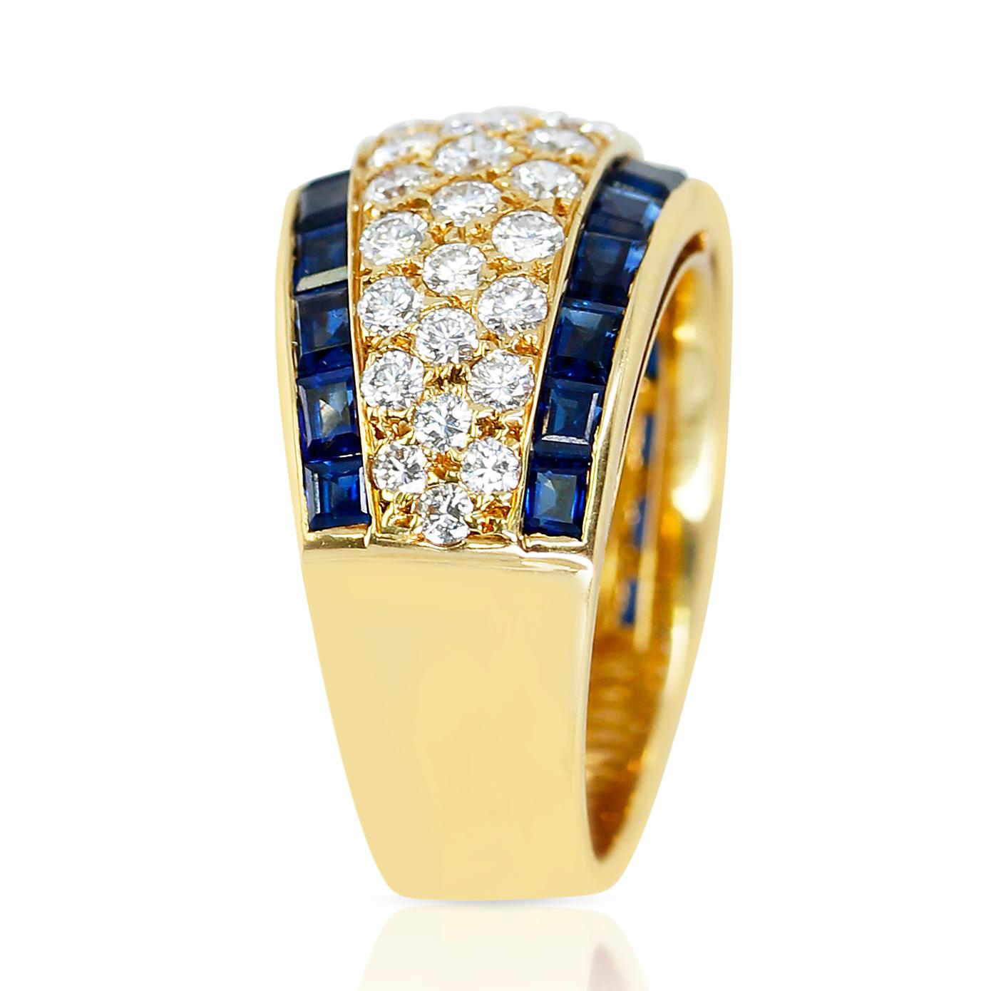 Taglio rotondo Anello francese Van Cleef & Arpels a tre file di diamanti con zaffiri incastonati a canale in vendita