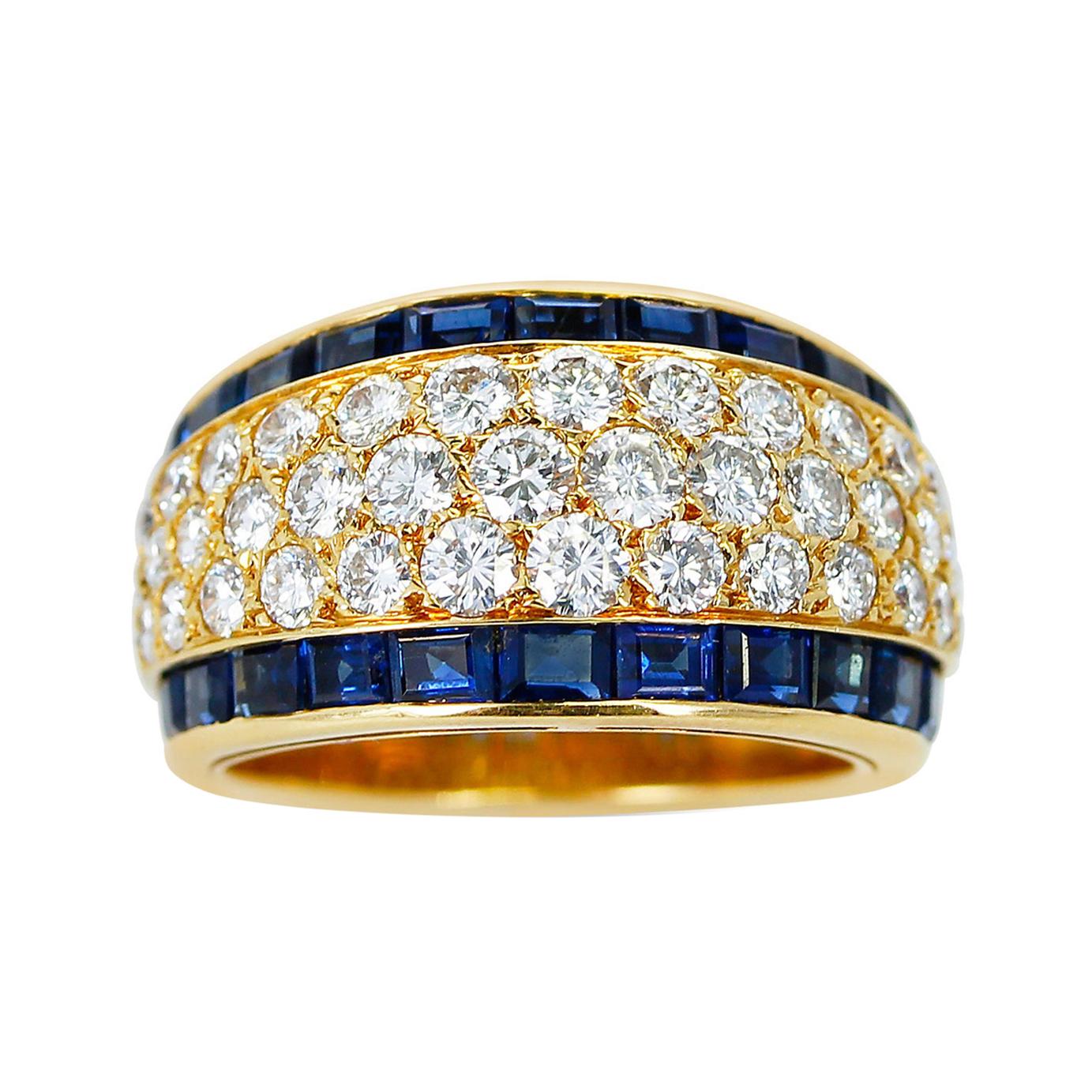 French Van Cleef & Arpels Three Row Diamond Ring with Channel Set Sapphires For Sale