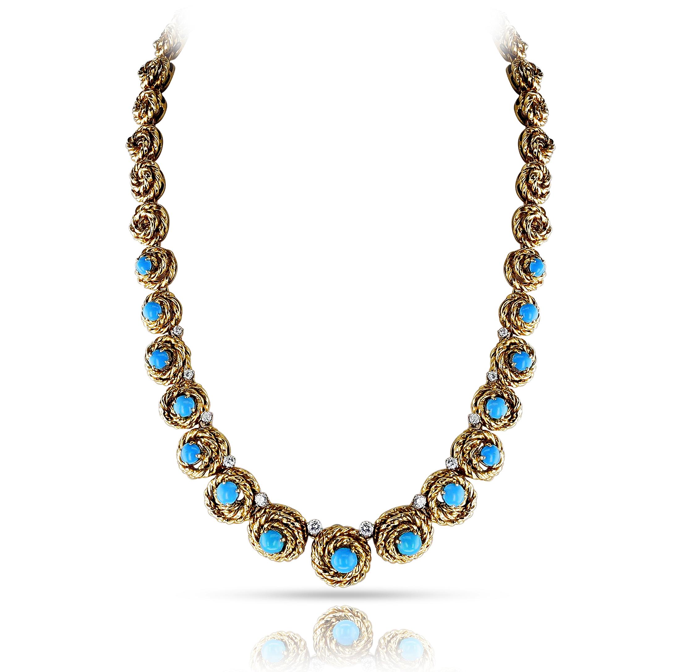 A French Van Cleef & Arpels Turquoise Cabochon and Diamond Necklace by Pery et Fils made in 18k and Platinum. The length is 16 inches and the total weight is 119.30 grams.
Signed, Numbered, French hallmarks. The diamond weight is appx. 1 carat and