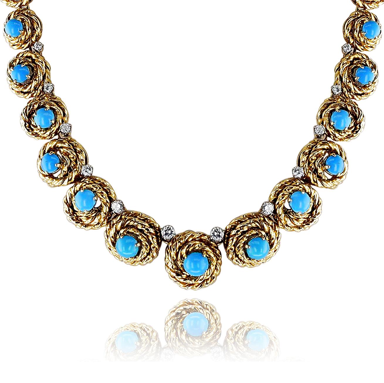 French Van Cleef & Arpels Turquoise Cabochon and Diamond Necklace,  Pery et Fils In Excellent Condition For Sale In New York, NY