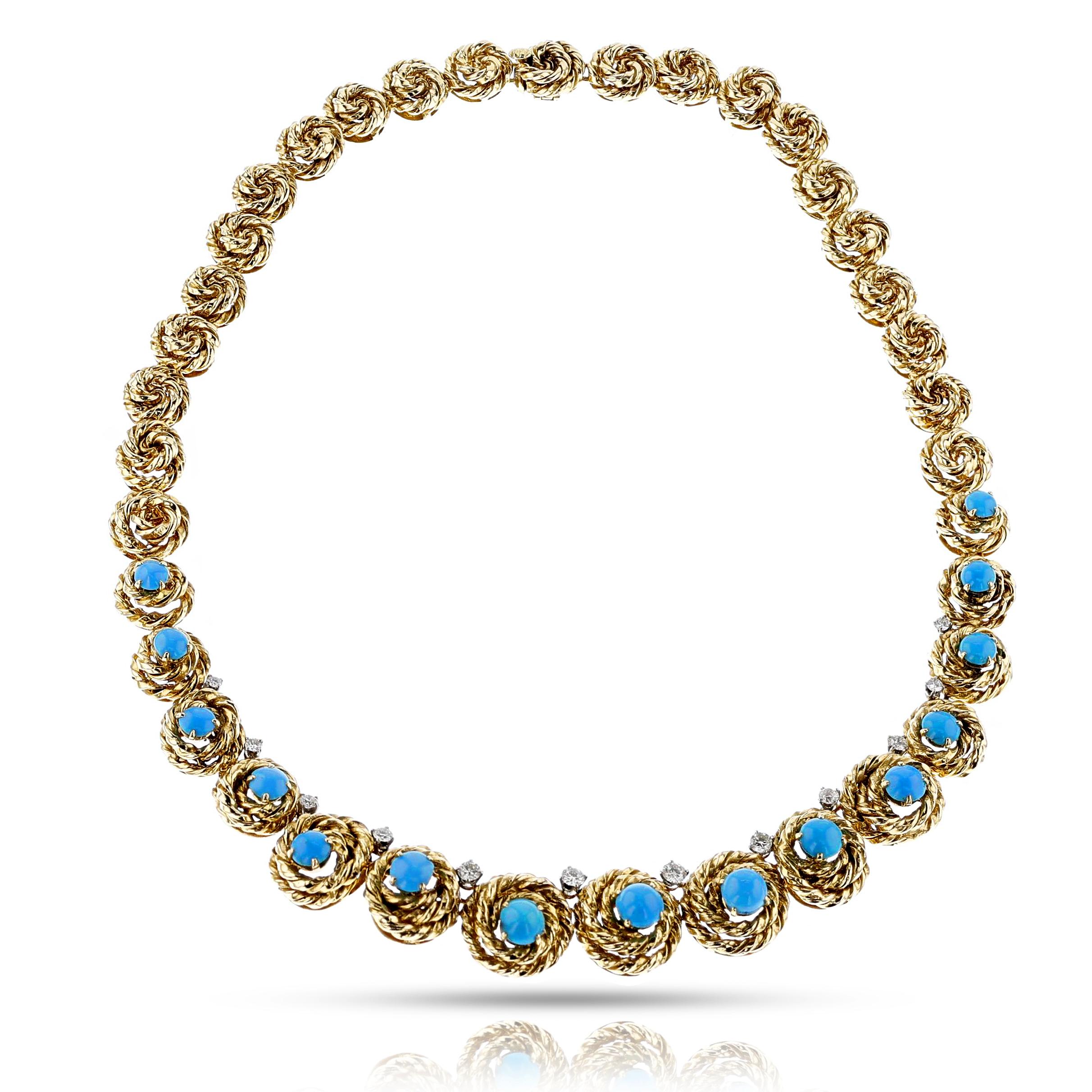 Women's or Men's French Van Cleef & Arpels Turquoise Cabochon and Diamond Necklace,  Pery et Fils For Sale