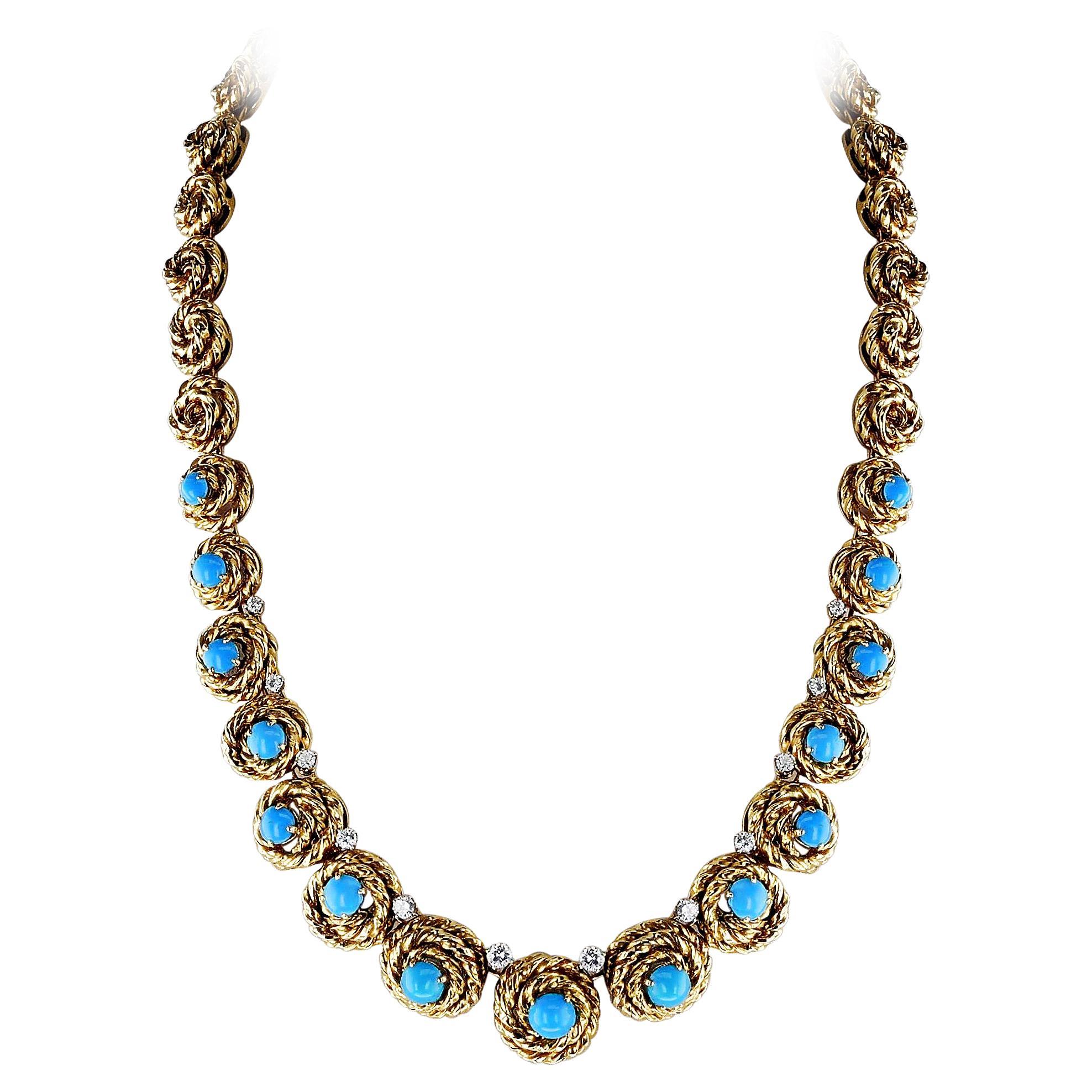 French Van Cleef & Arpels Turquoise Cabochon and Diamond Necklace,  Pery et Fils For Sale