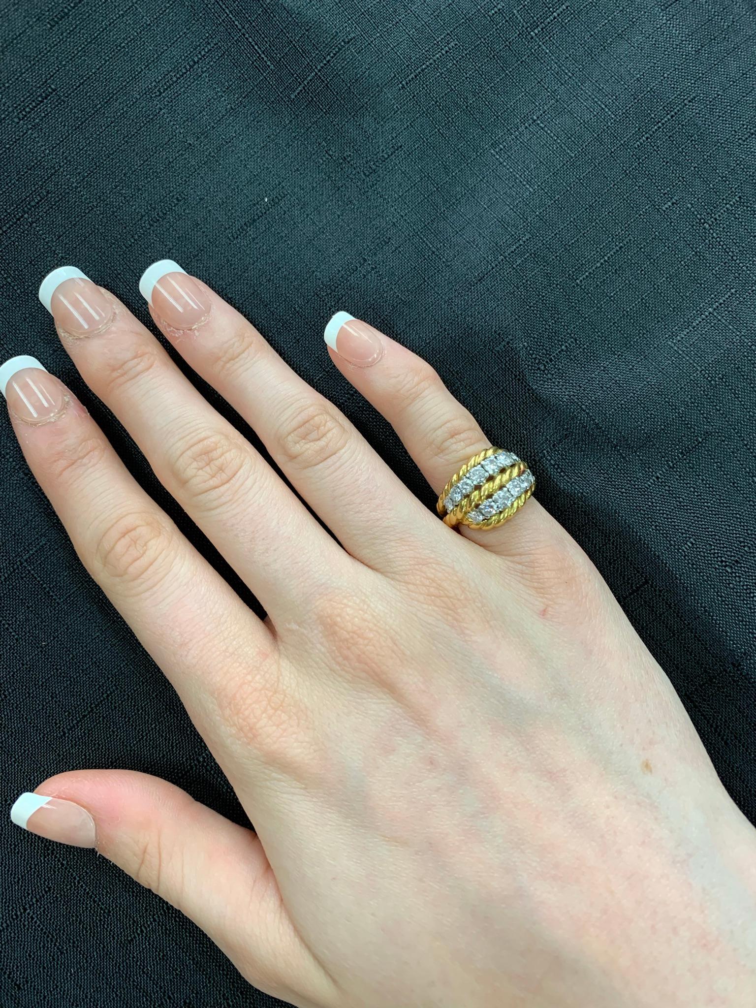 French Van Cleef & Arpels Two Row Diamonds and Twisted Rope Gold Ring, 18k In Excellent Condition For Sale In New York, NY