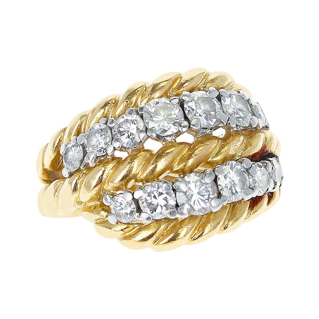 French Van Cleef & Arpels Two Row Diamonds and Twisted Rope Gold Ring, 18k For Sale