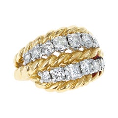 Vintage French Van Cleef & Arpels Two Row Diamonds and Twisted Rope Gold Ring, 18k