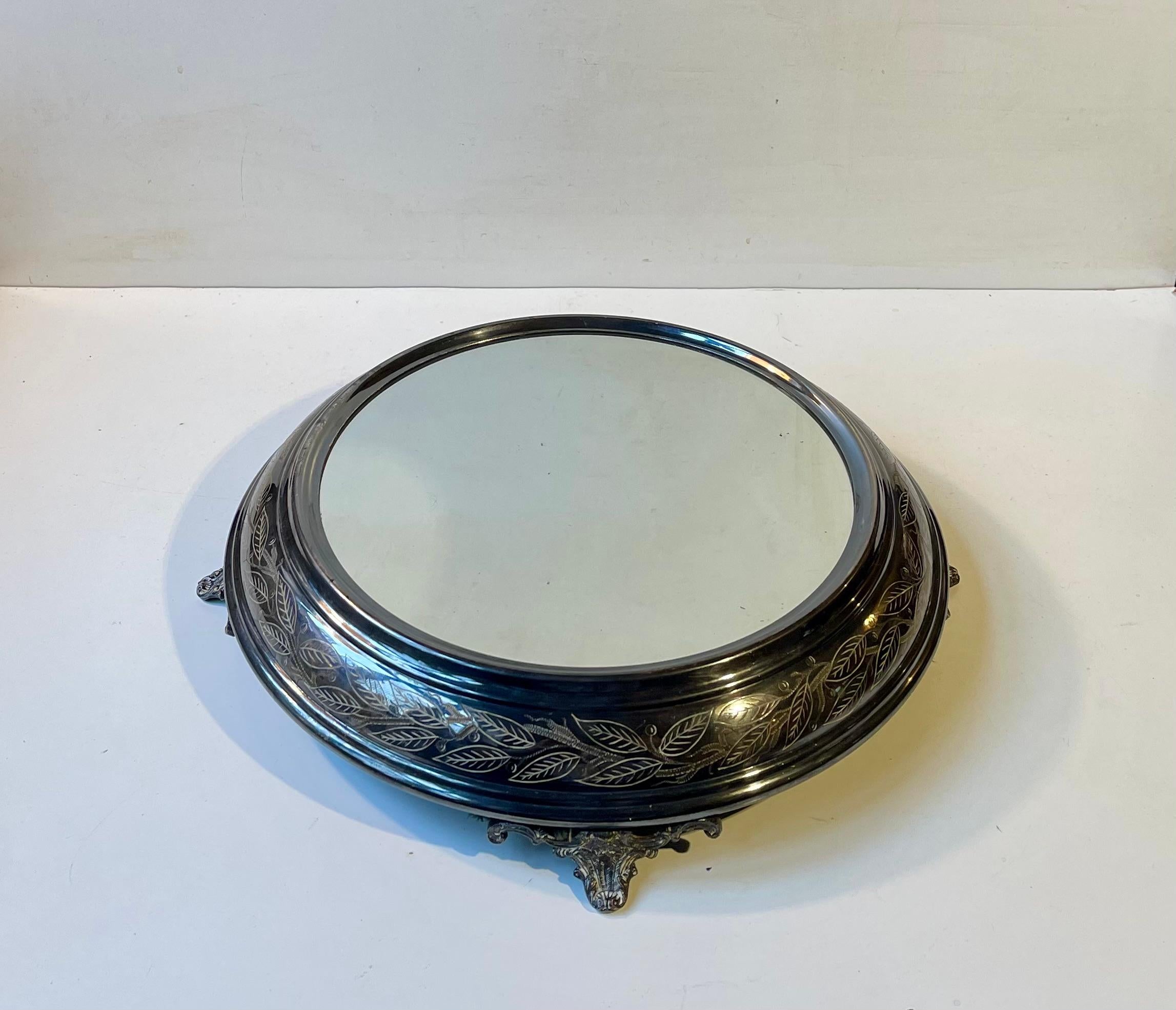 Victorian French Vanity Plateaux Mirror - Tray in Engraved Silver Plate, 1920s For Sale