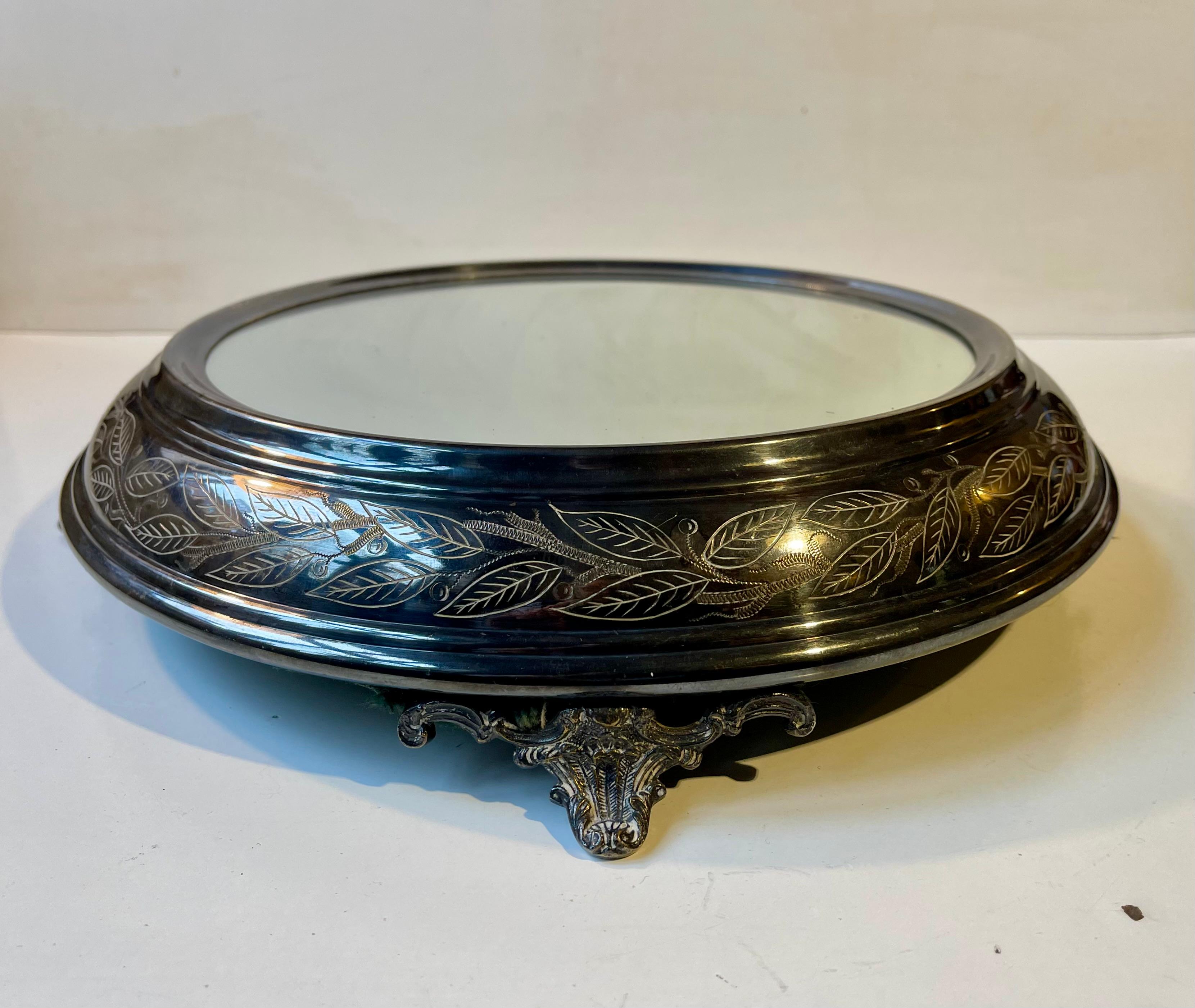 20th Century French Vanity Plateaux Mirror - Tray in Engraved Silver Plate, 1920s For Sale