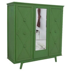 Vintage French Varnished Green Wood Wardrobe Cabinet