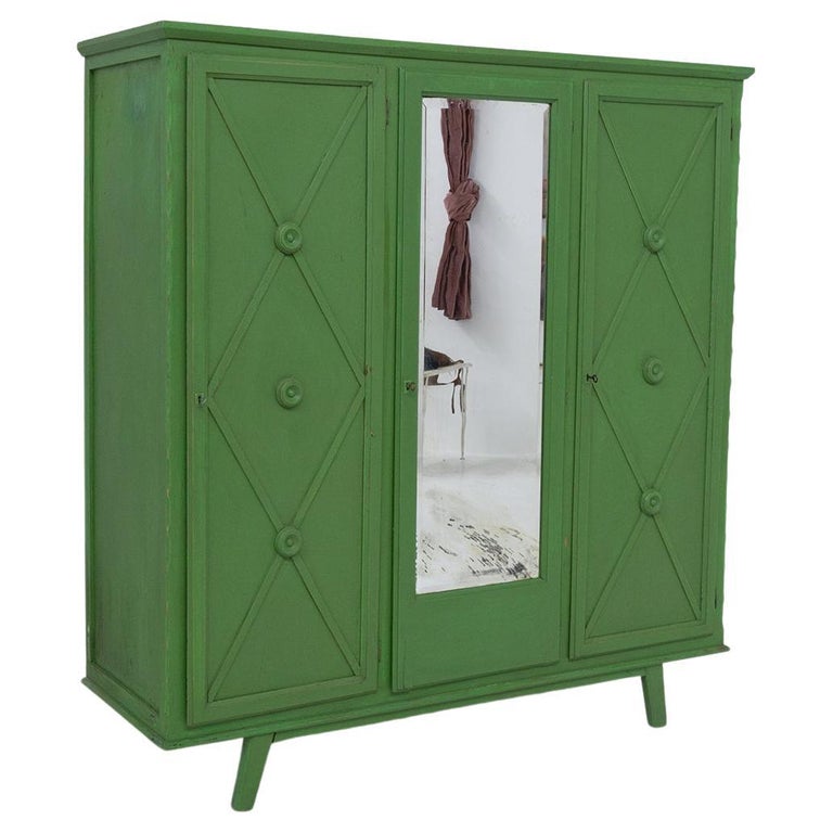 French Varnished Green Wood Wardrobe Cabinet For Sale at 1stDibs