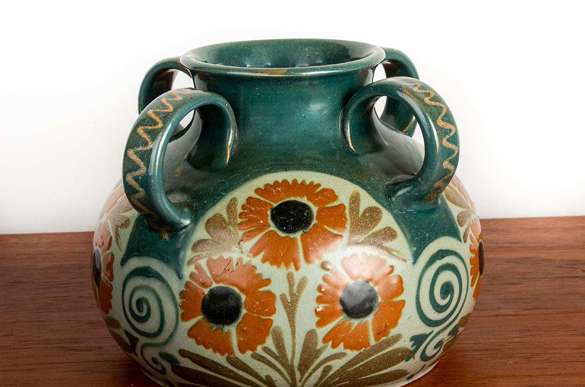 Francese Vaso francese, 4 manici, in gres smaltato, stile Art Nouveau di Léon Léon in vendita