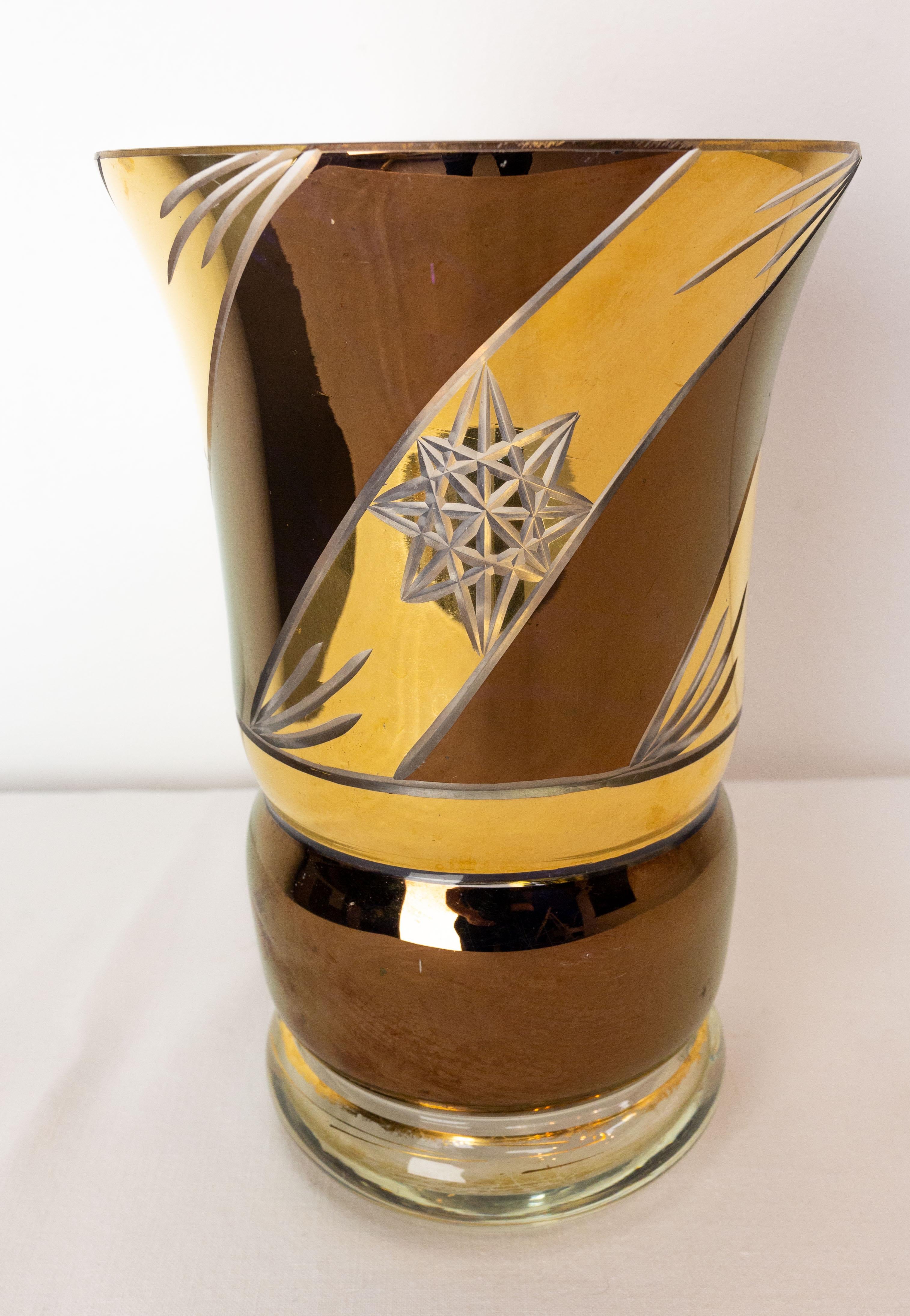 Mid-Century Modern French Vase Bronze and Golden Glass, Stars Engraved, circa 1960 For Sale
