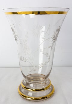 French Vase Glass Golden Neck and Base, Flowers Engraved, circa 1960