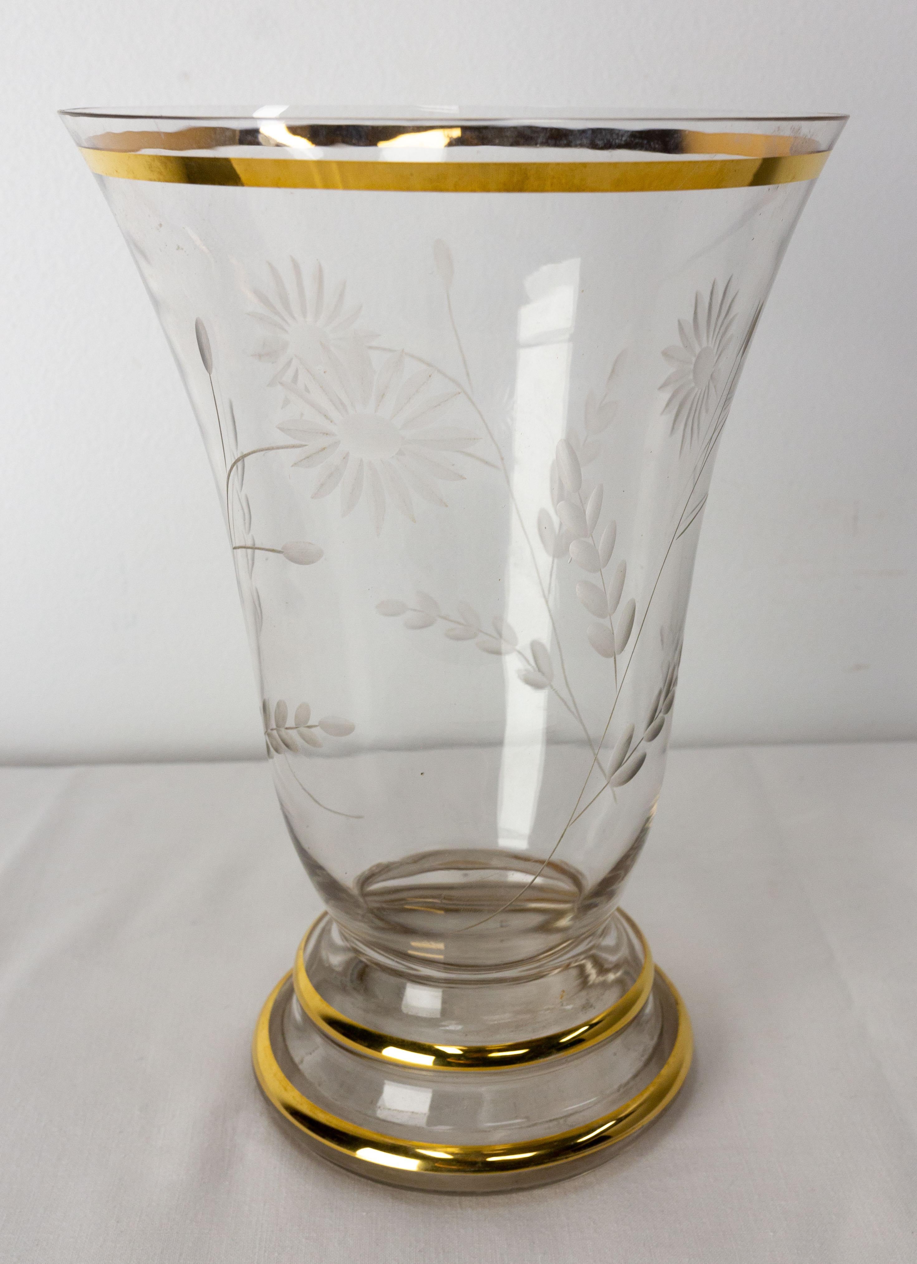 Mid-Century Modern French Vase Glass Golden Neck and Base, Flowers Engraved, circa 1960 For Sale