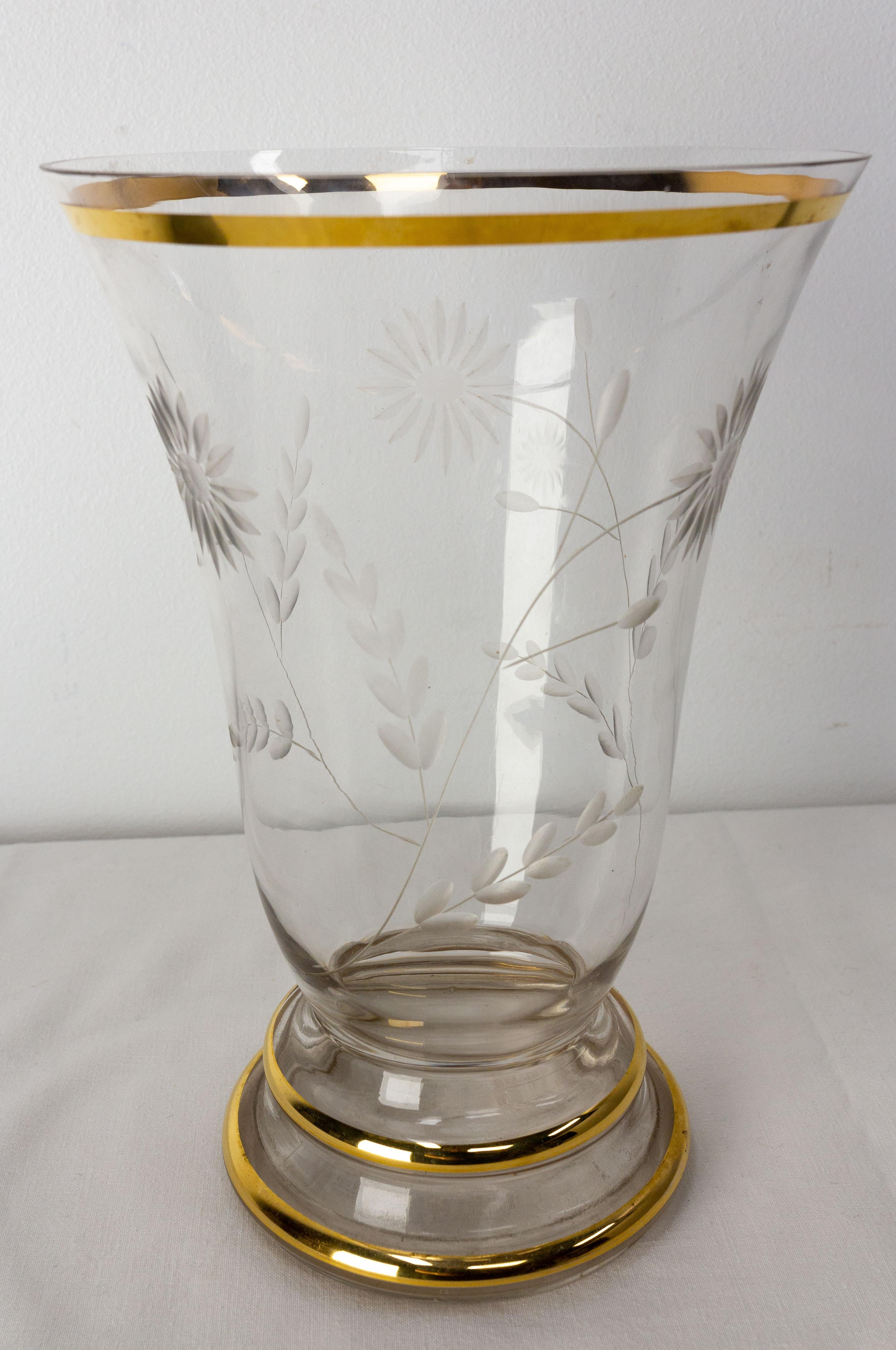 20th Century French Vase Glass Golden Neck and Base, Flowers Engraved, circa 1960 For Sale