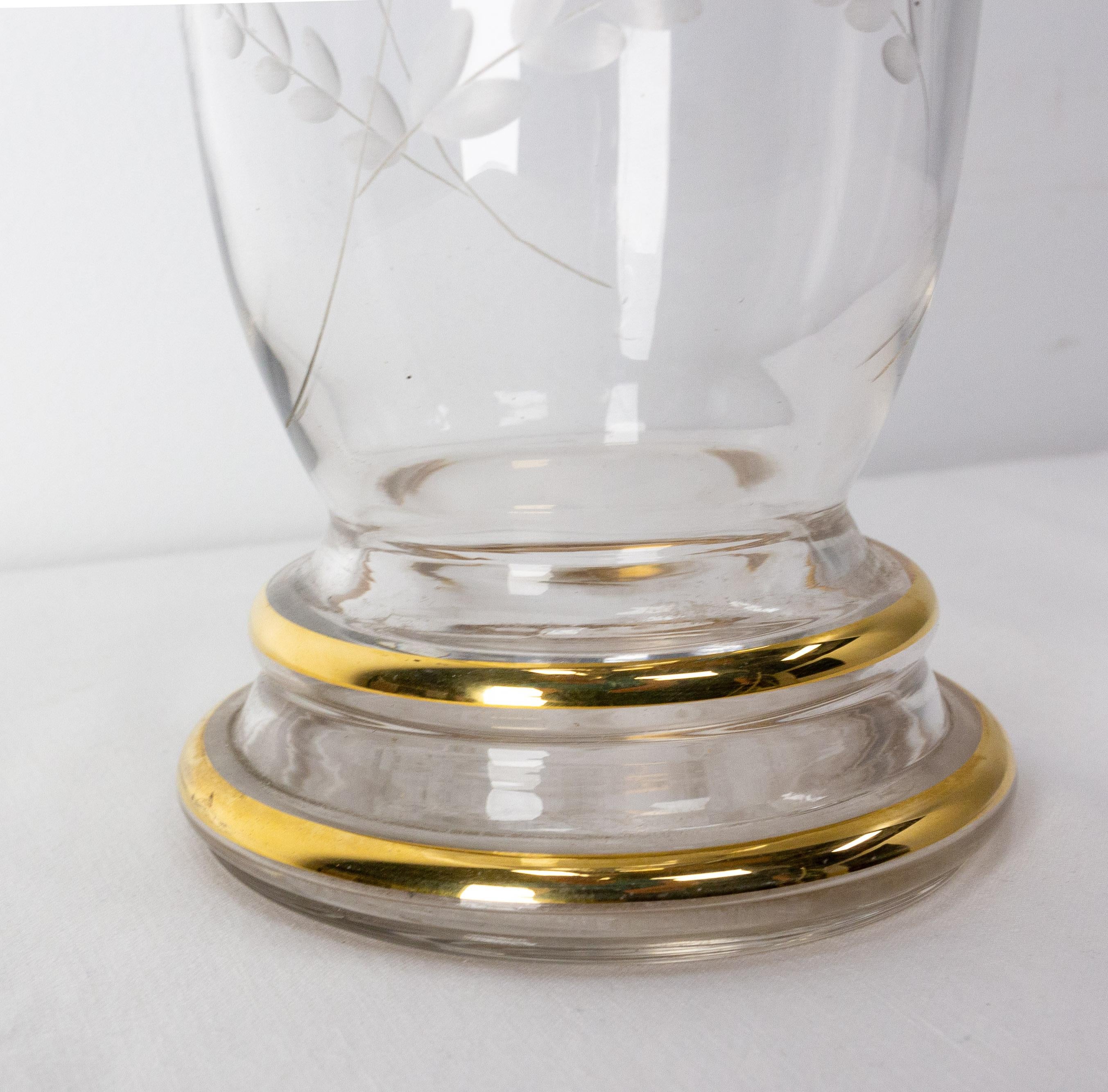 French Vase Glass Golden Neck and Base, Flowers Engraved, circa 1960 For Sale 2