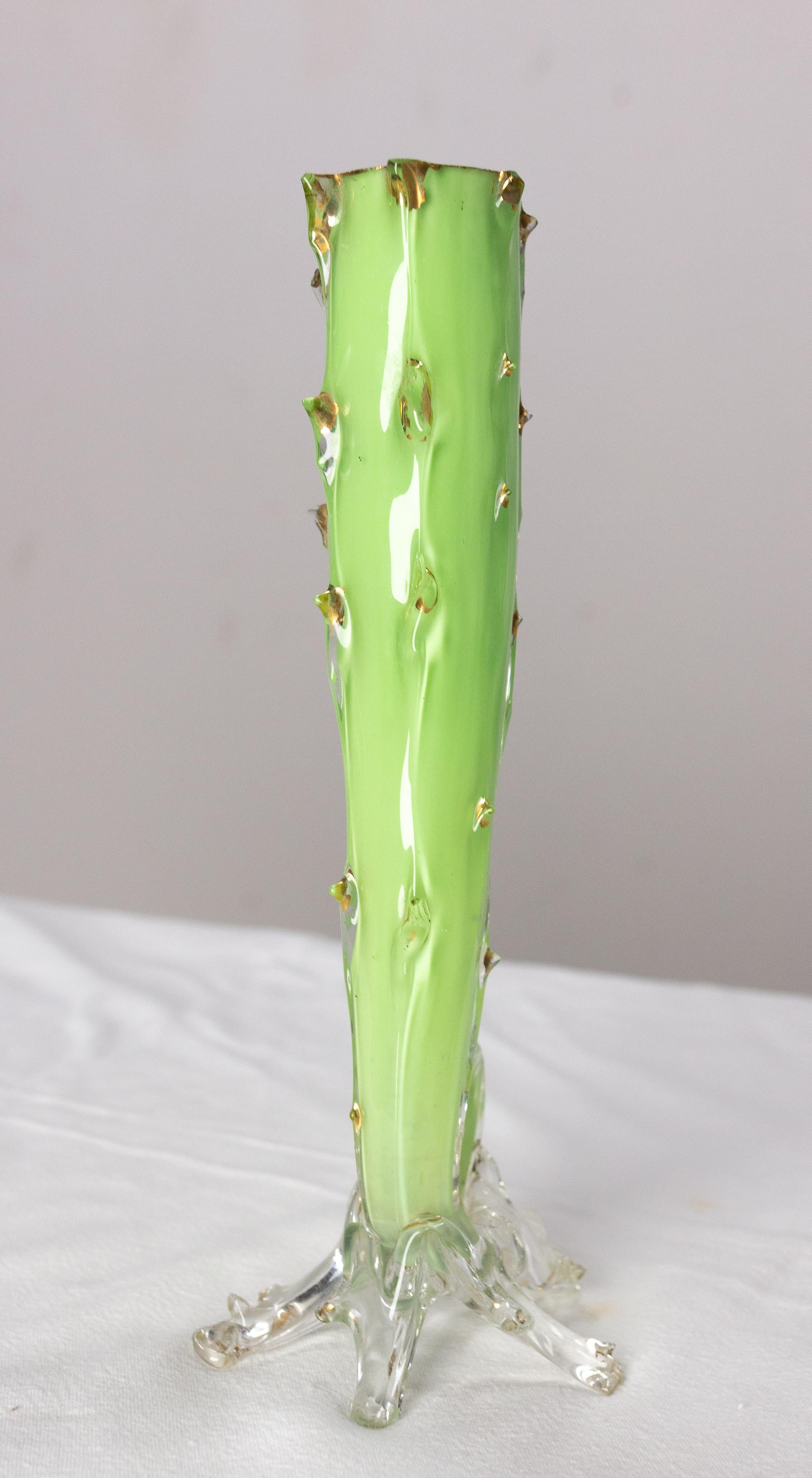 Mid-Century Modern French Vase Soliflor Green and Golden Glass, Imitation of a Rose Stem, C. 1960 For Sale