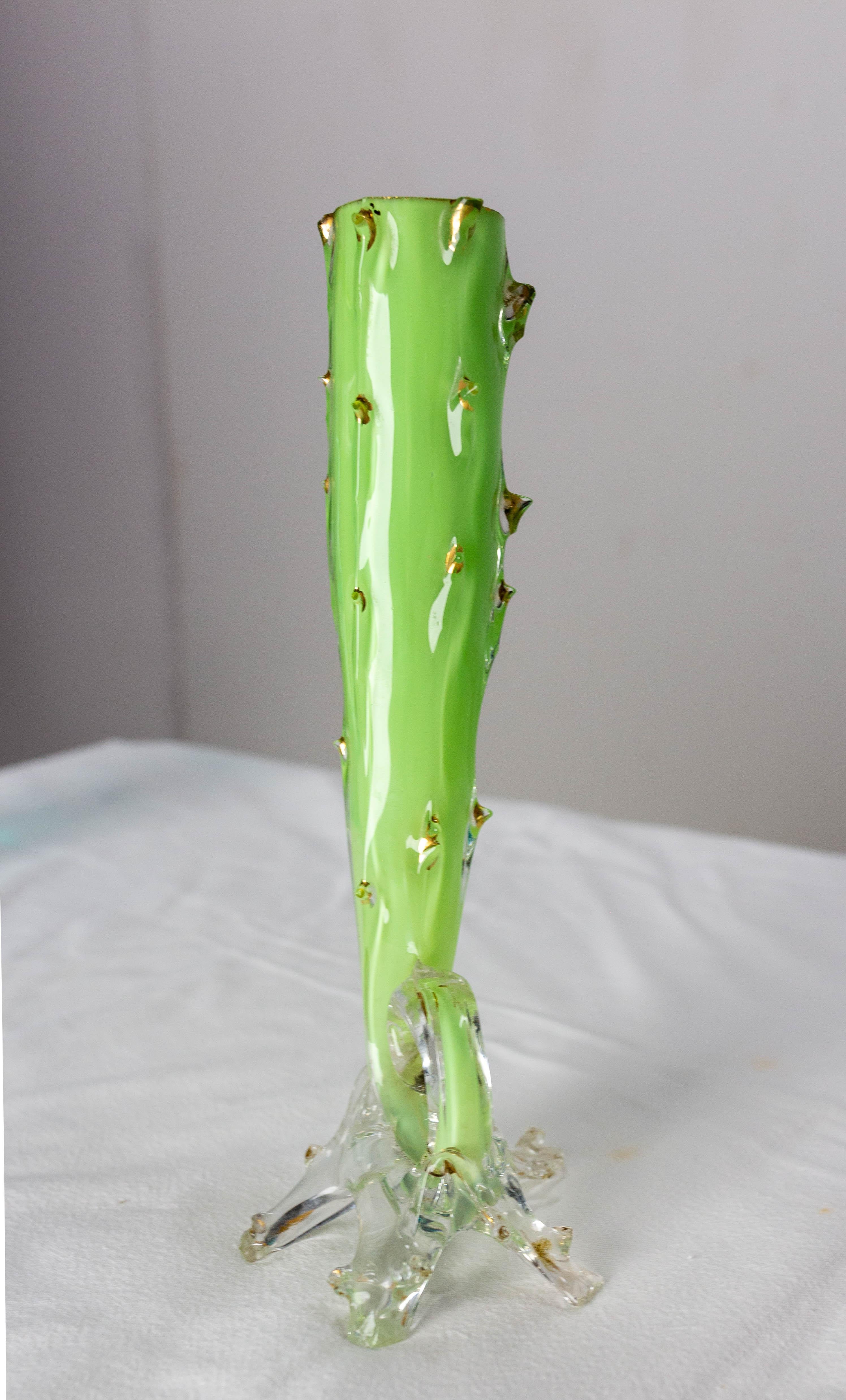 20th Century French Vase Soliflor Green and Golden Glass, Imitation of a Rose Stem, C. 1960 For Sale