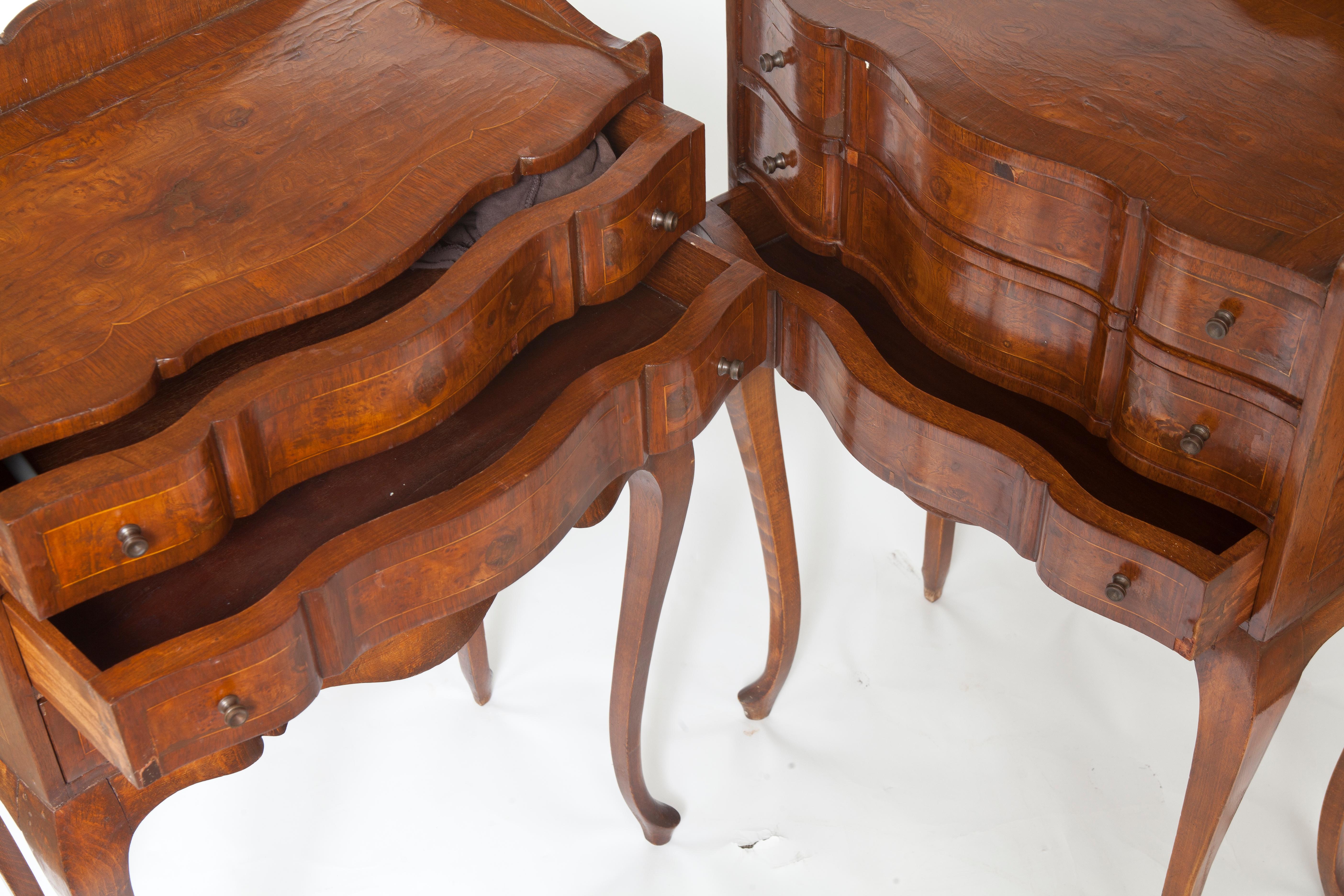 Marquetry French Veneered Bedside Tables /Three Drawers & Glass Tops; a Pair