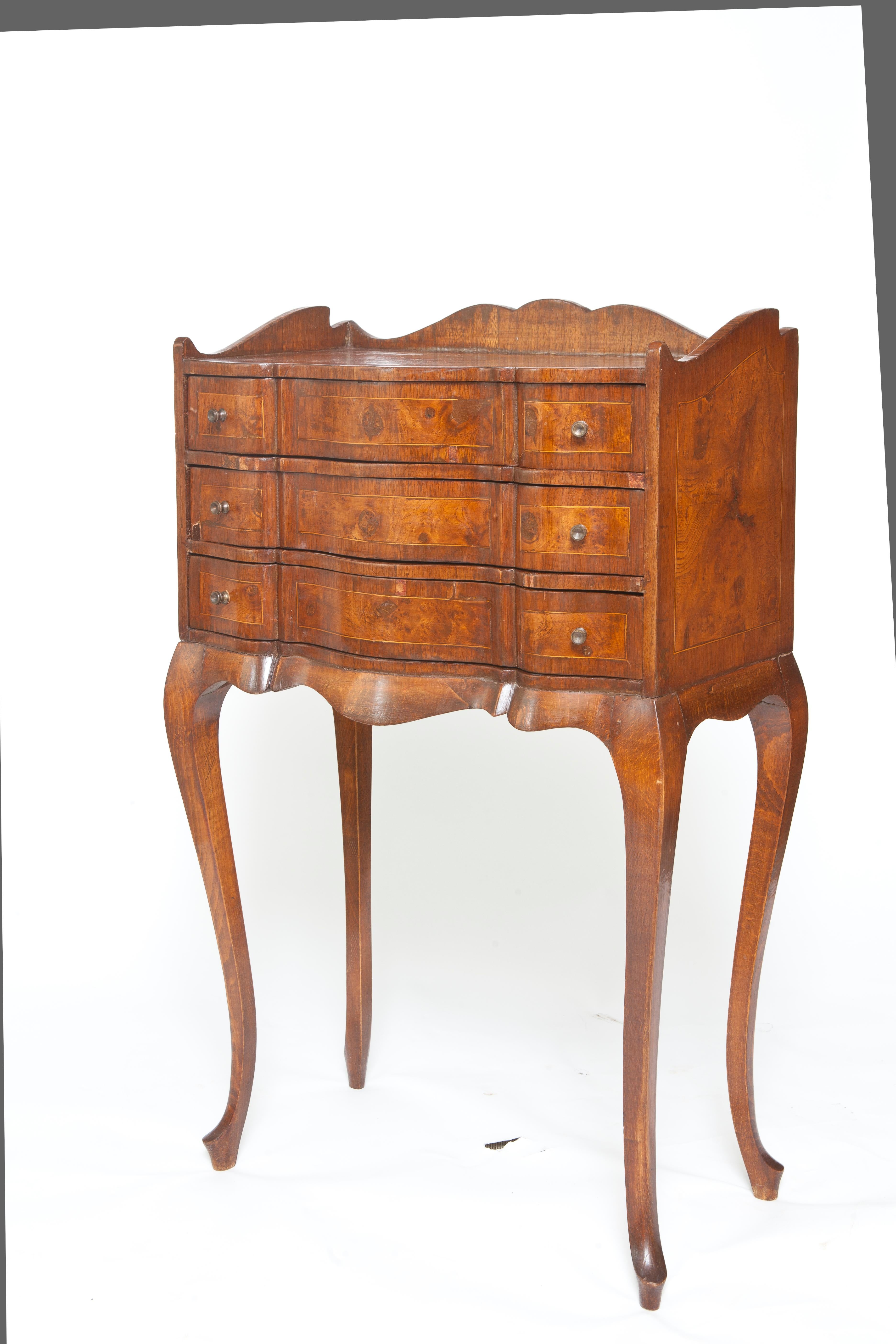 Brass French Veneered Bedside Tables /Three Drawers & Glass Tops; a Pair