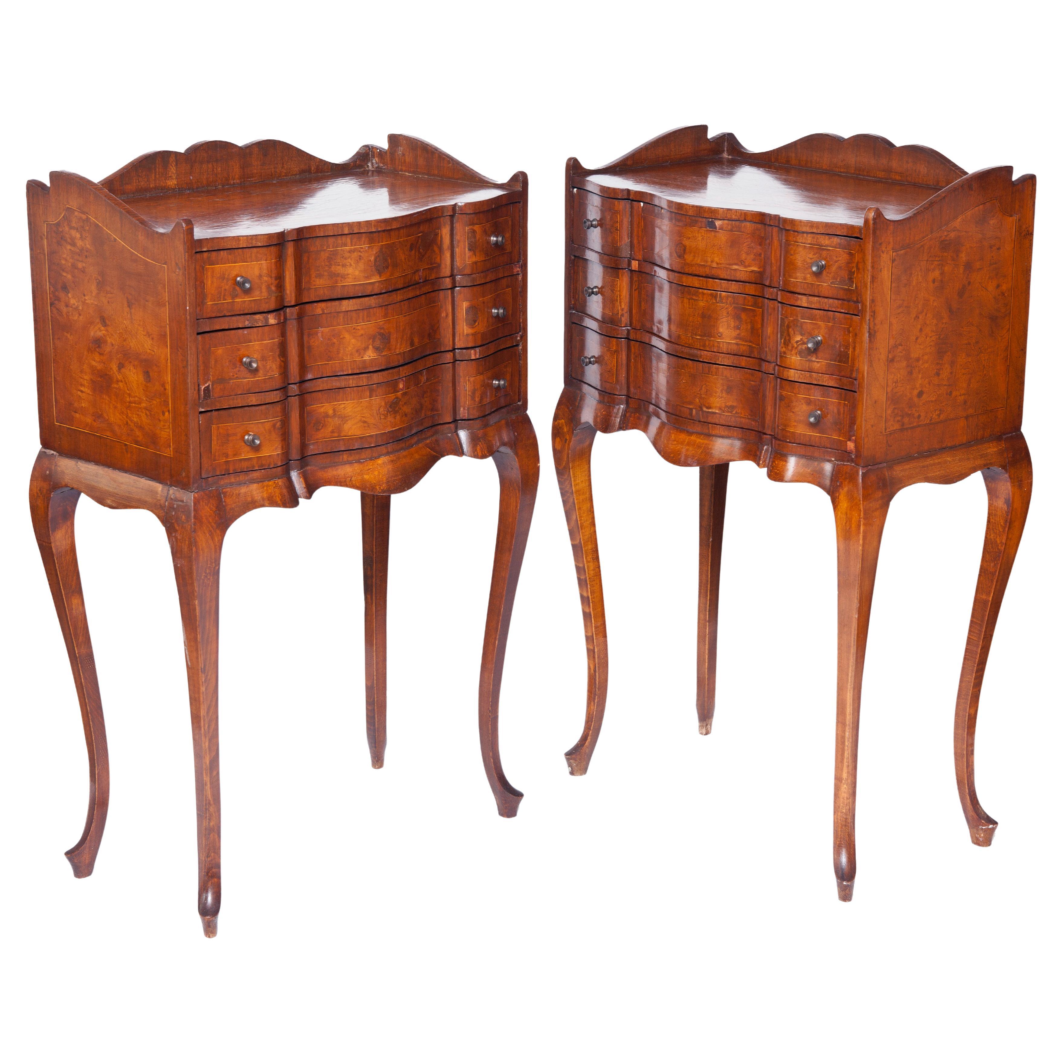 French Veneered Bedside Tables /Three Drawers & Glass Tops; a Pair
