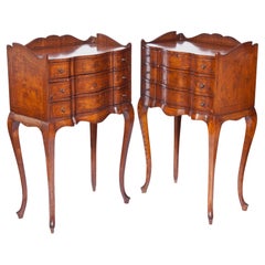 French Veneered Bedside Tables /Three Drawers & Glass Tops; a Pair