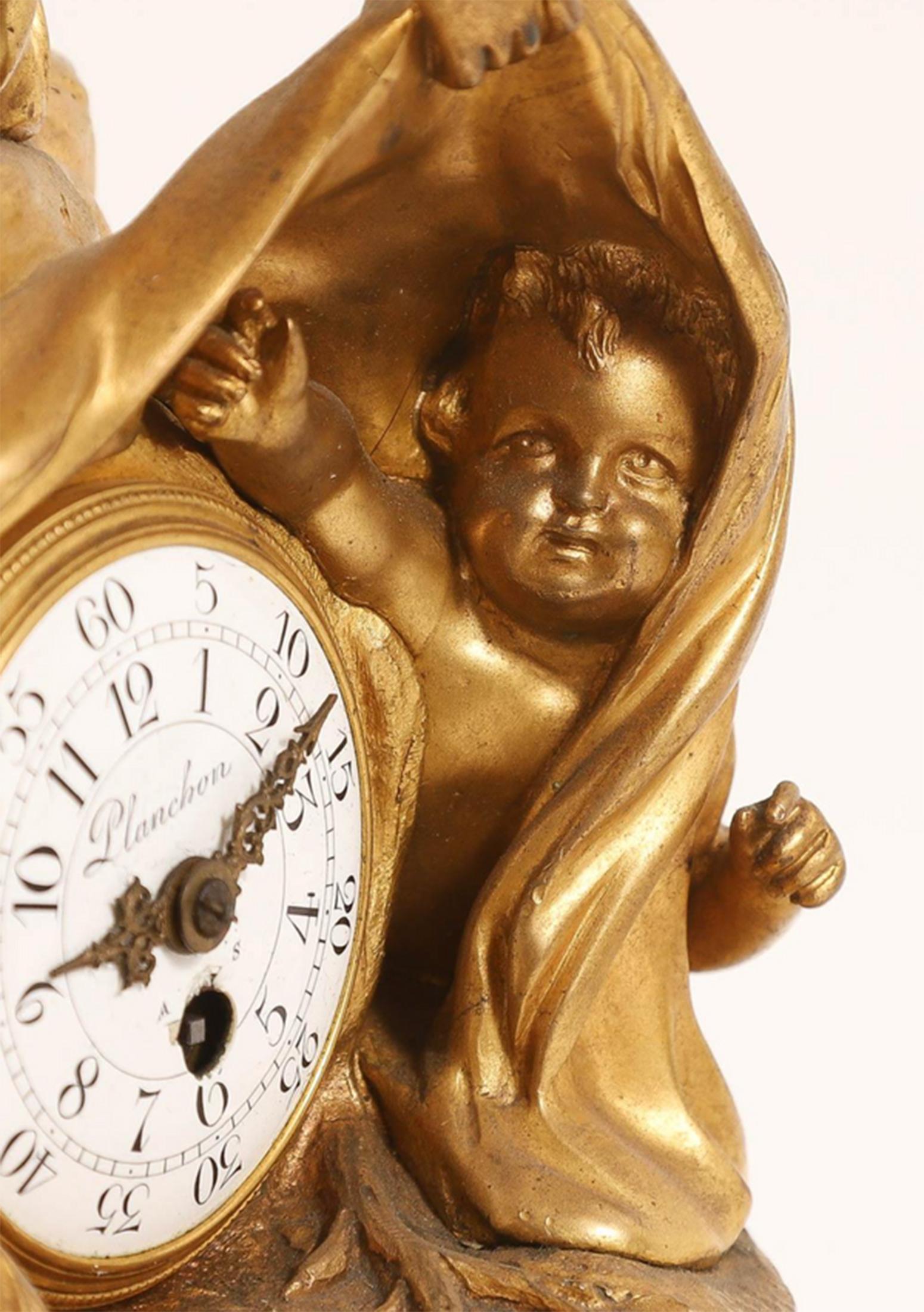Louis XV French Venus and Cupid Gilt Bronze and White Marble Mantle Clock by Planchon For Sale